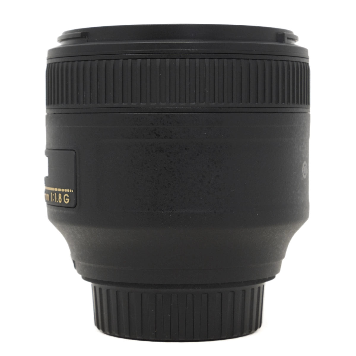 Black camera lens on a white background