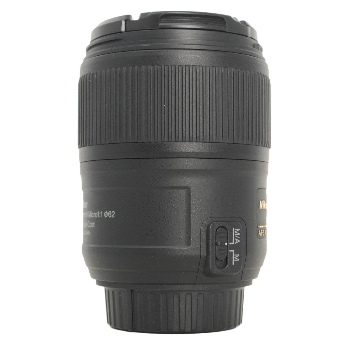 Black camera lens on a white background