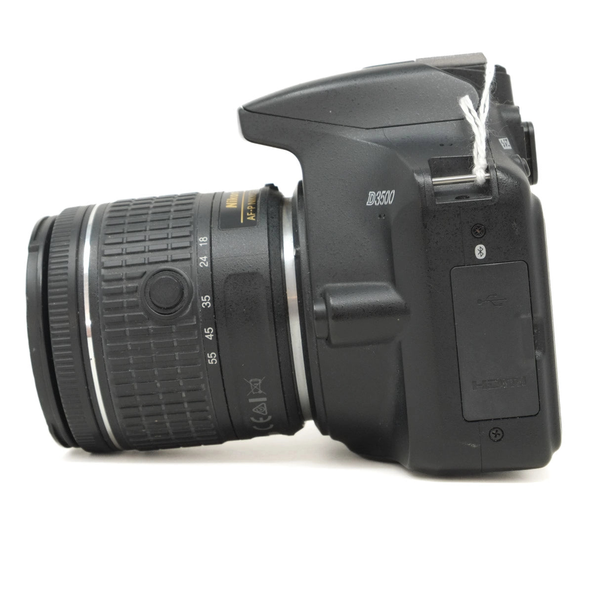 Used Nikon D3500 + 18-55mm F3.5-5.6G VR lens - side angle 