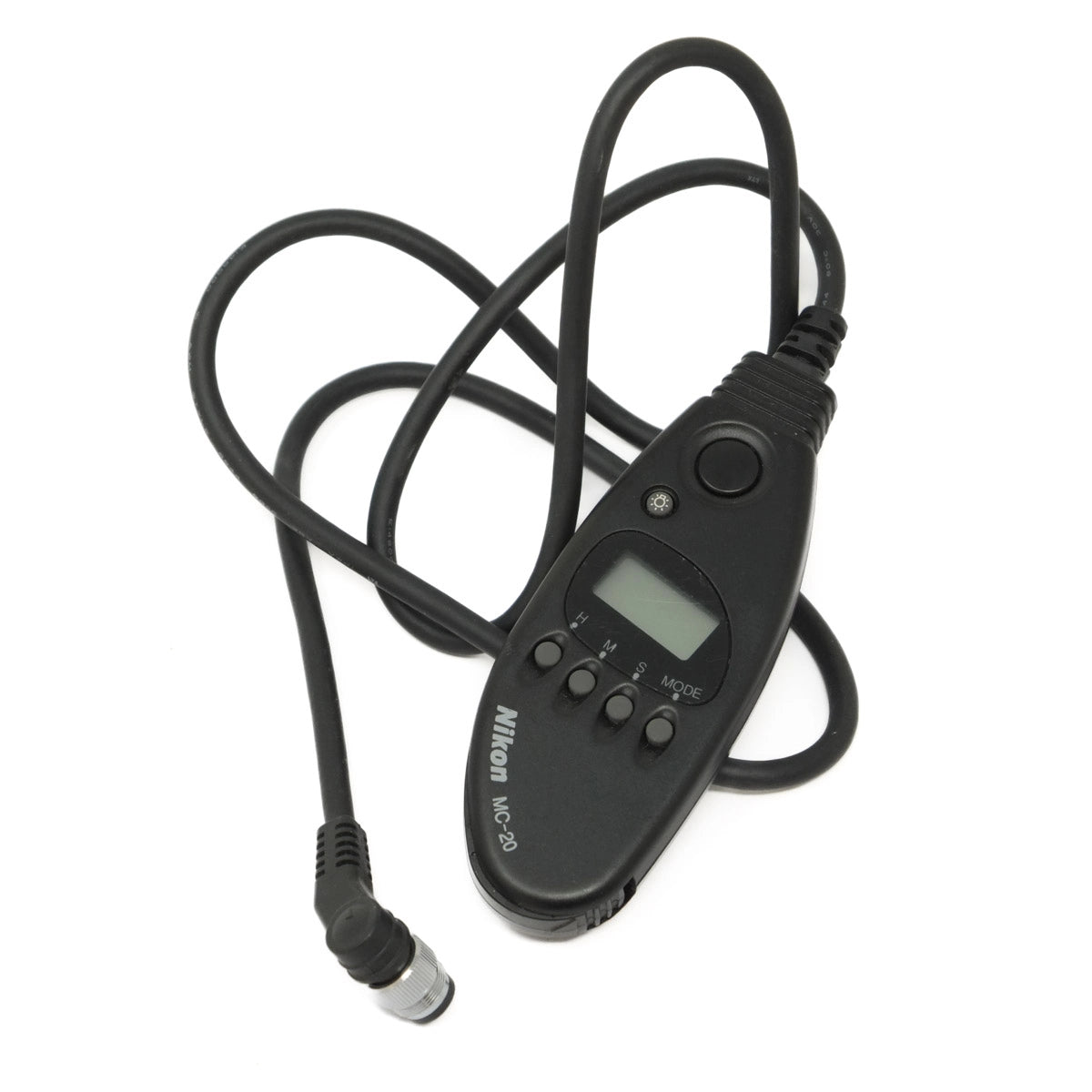 Nikon camera remote control with cable on a white background