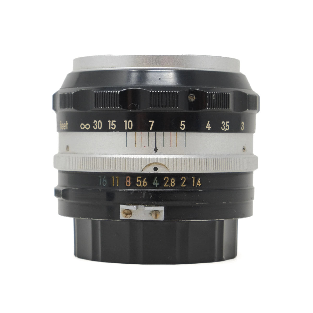 Camera lens with focus and aperture scale on a white background
