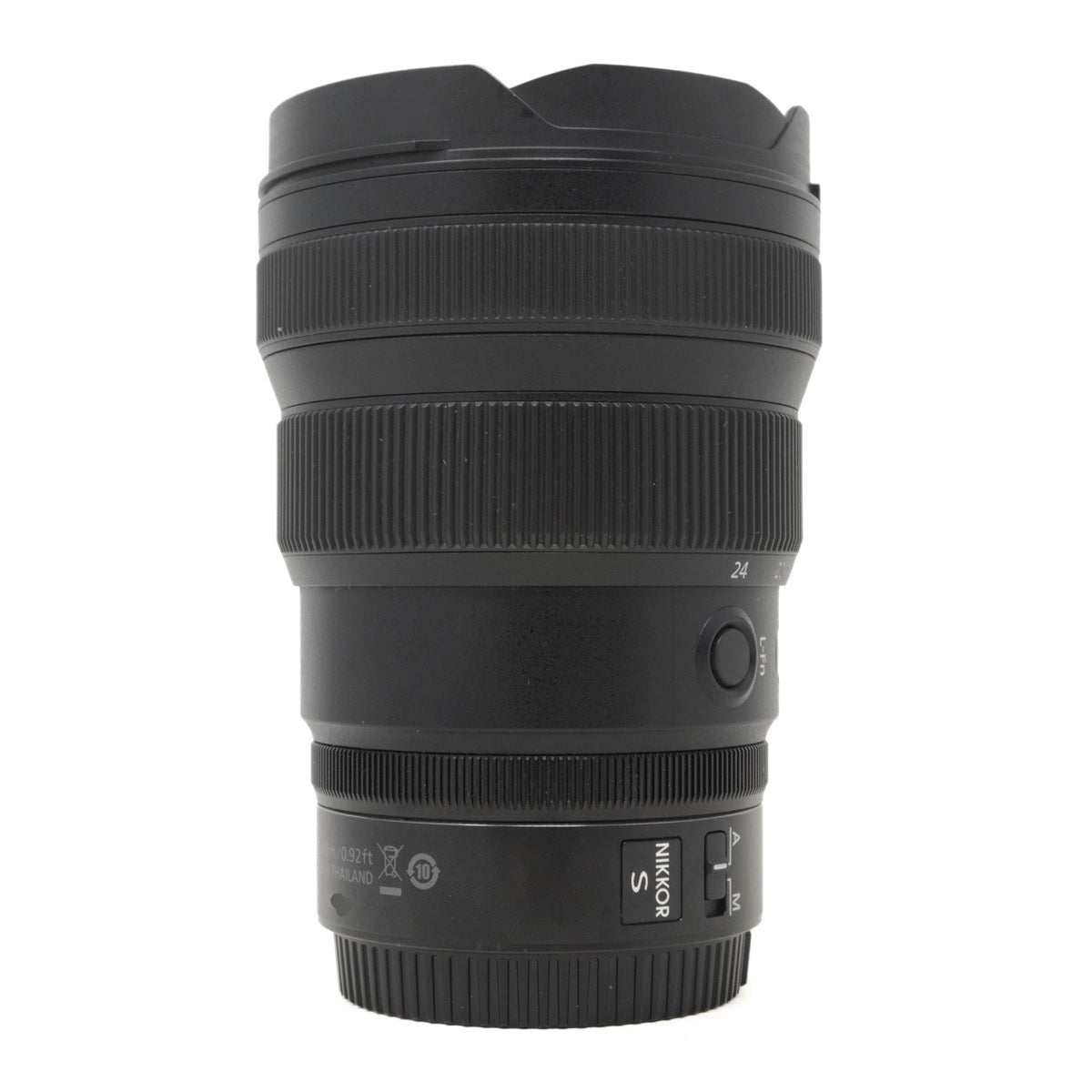 Black camera lens on a white background