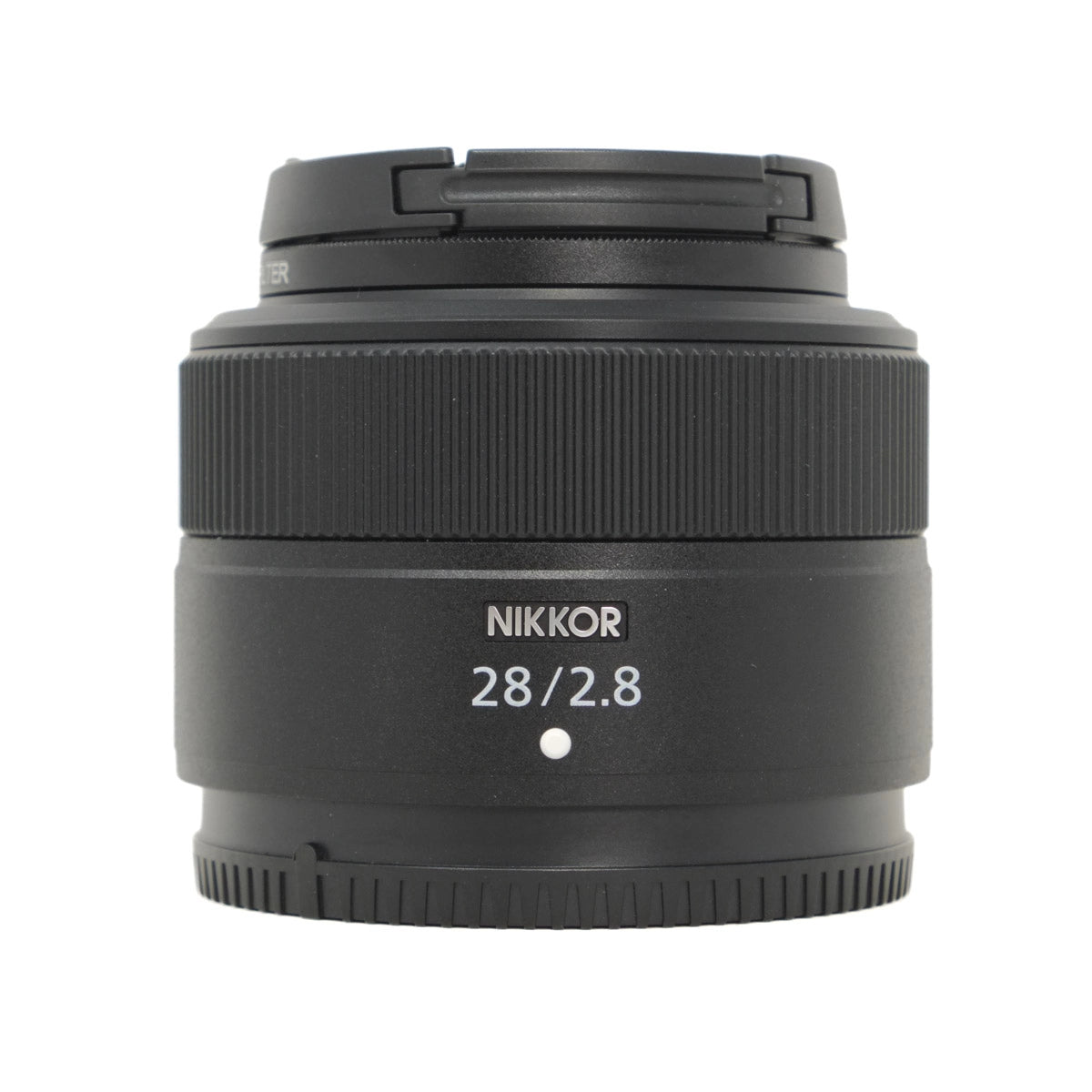 Black camera lens with 'Nikkor' branding on a white background