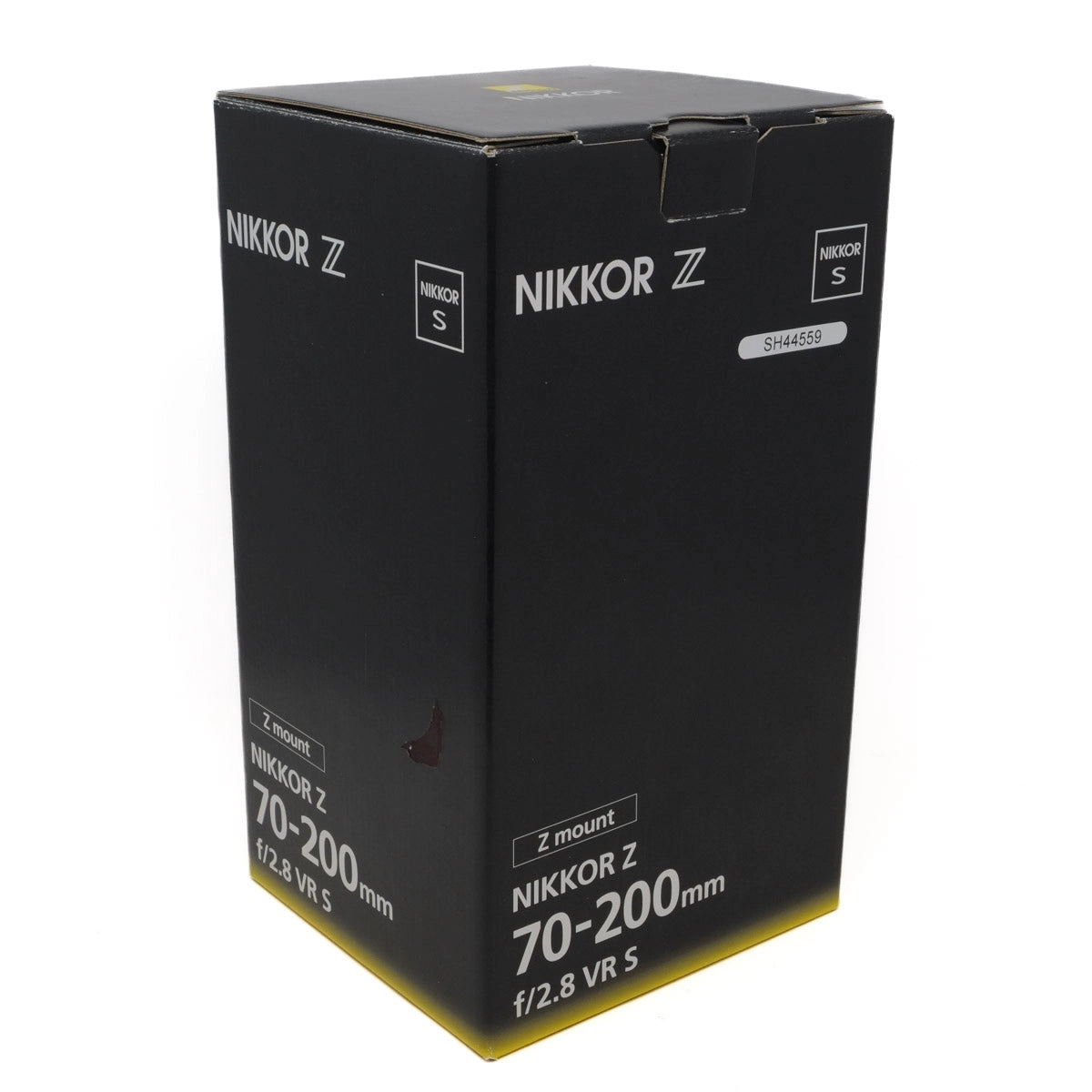 Black box packaging of Nikon Nikkor Z 70-200mm lens on a white background