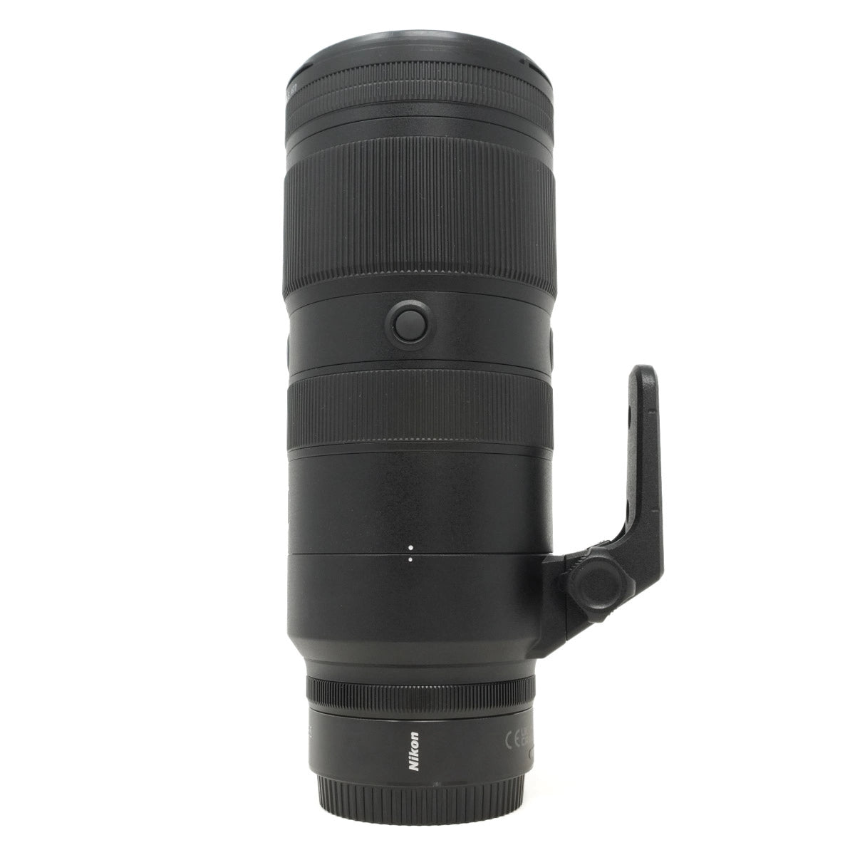 Black camera lens with Nikon branding on a white background