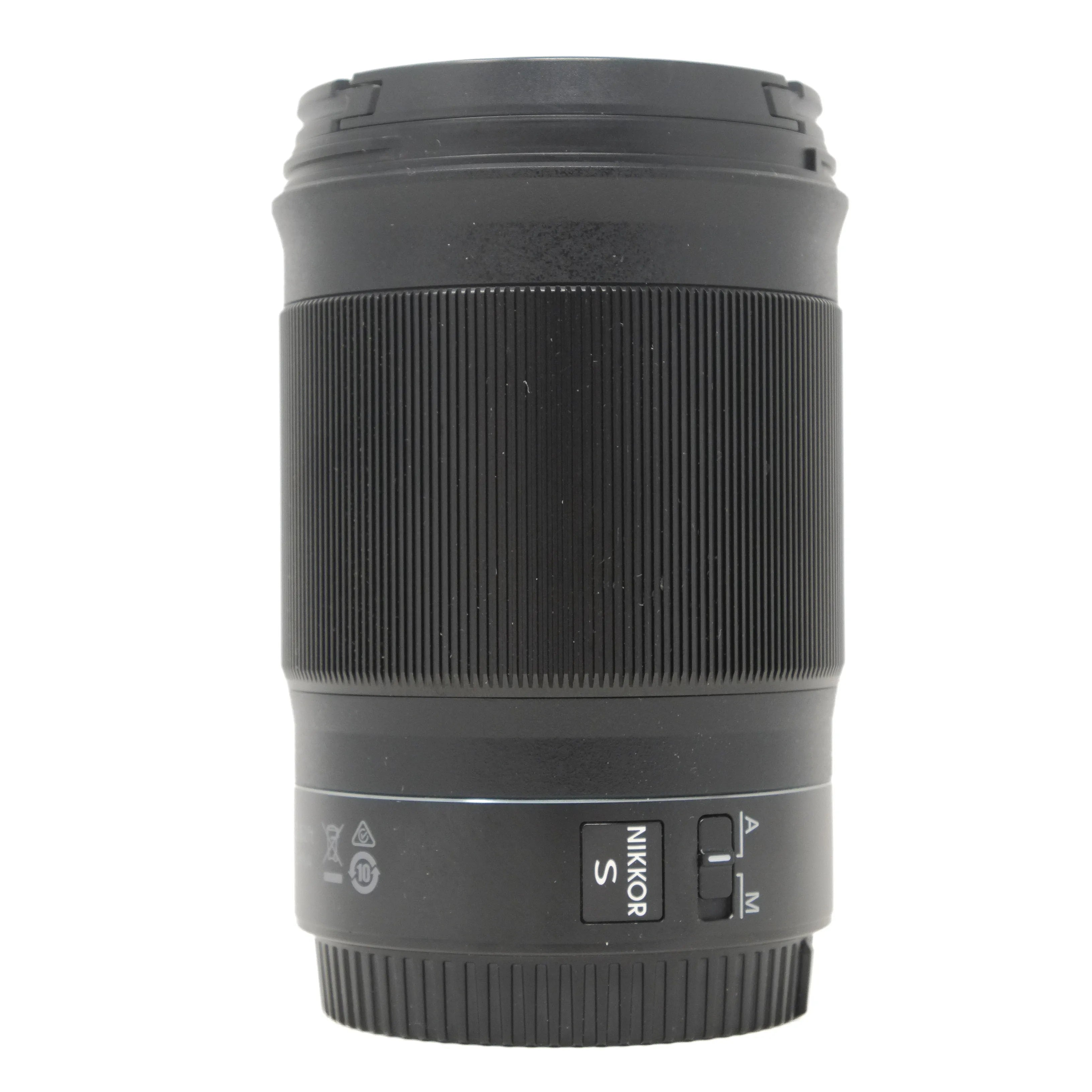 Black camera lens with Nikkor branding on a white background