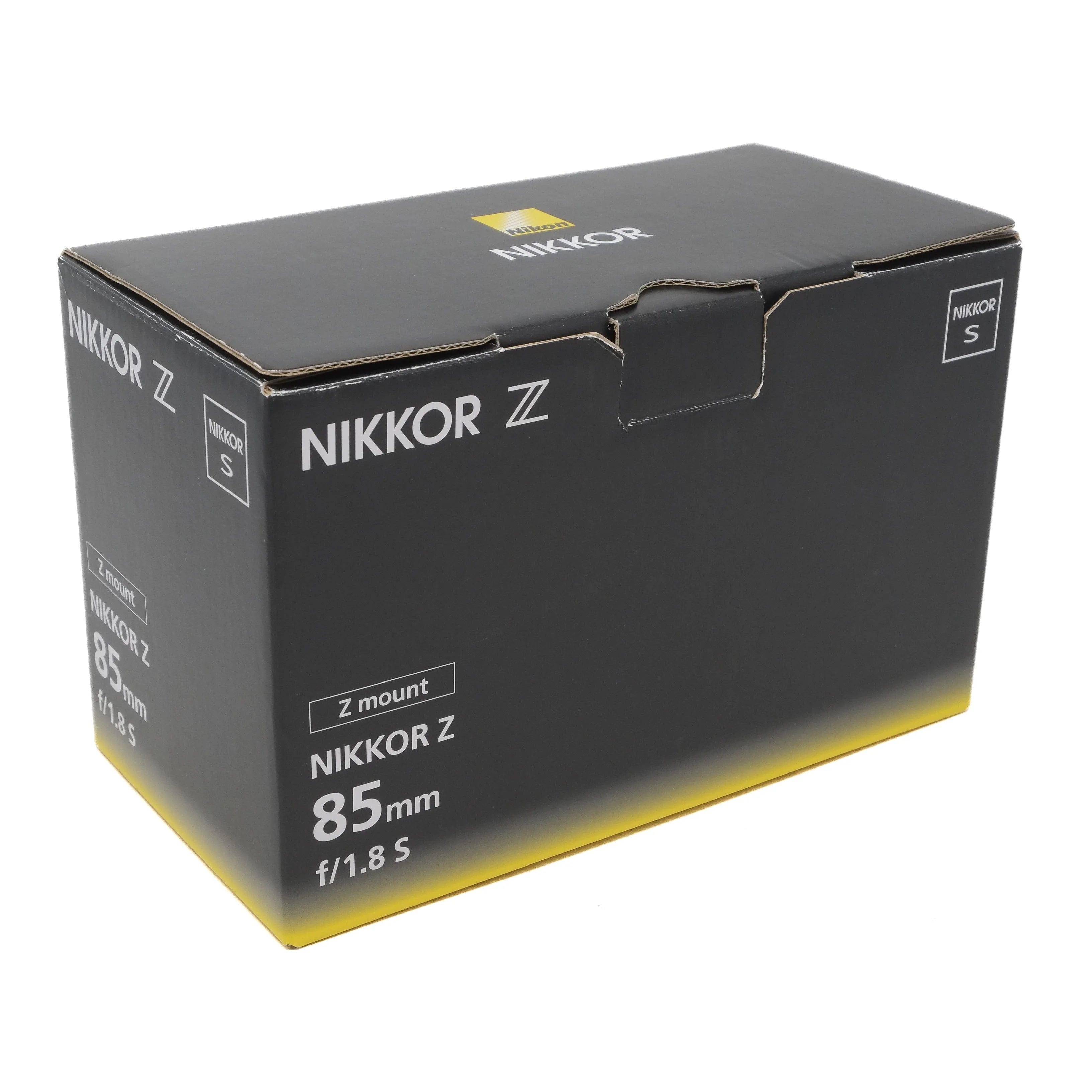 Nikkor Z camera lens packaging box on a white background
