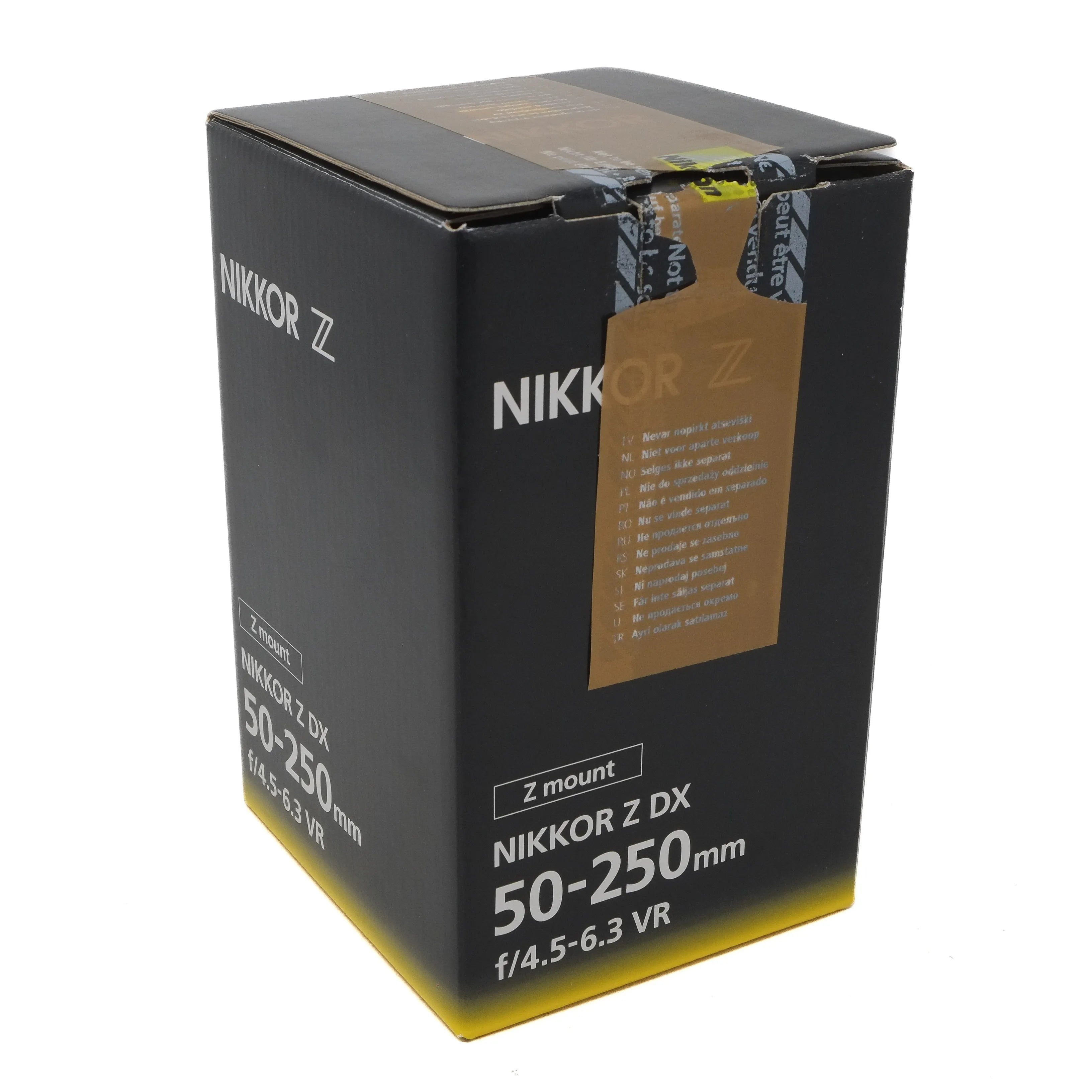 Nikon camera lens packaging box with specifications on a white background