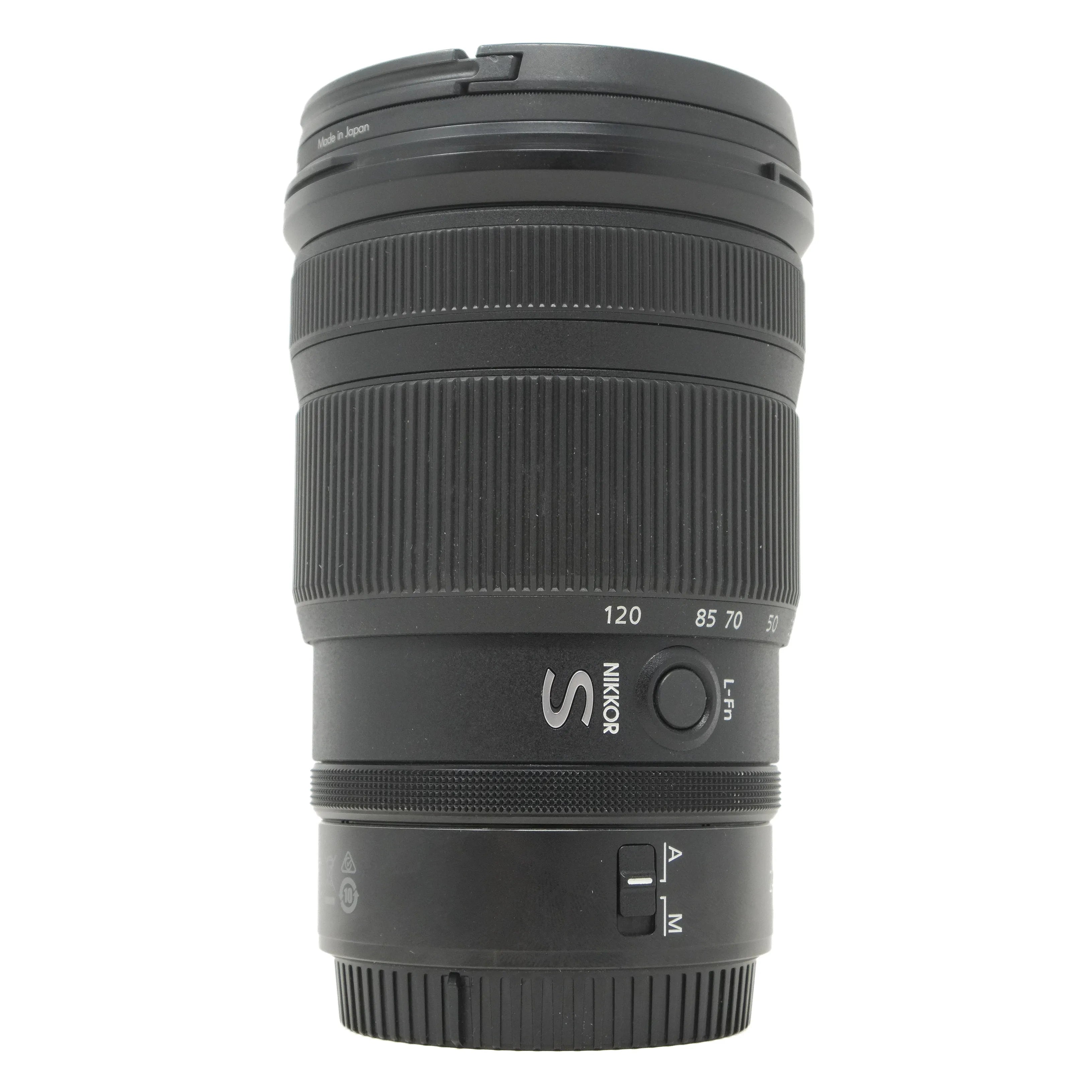 Black camera lens with Nikon branding on a white background