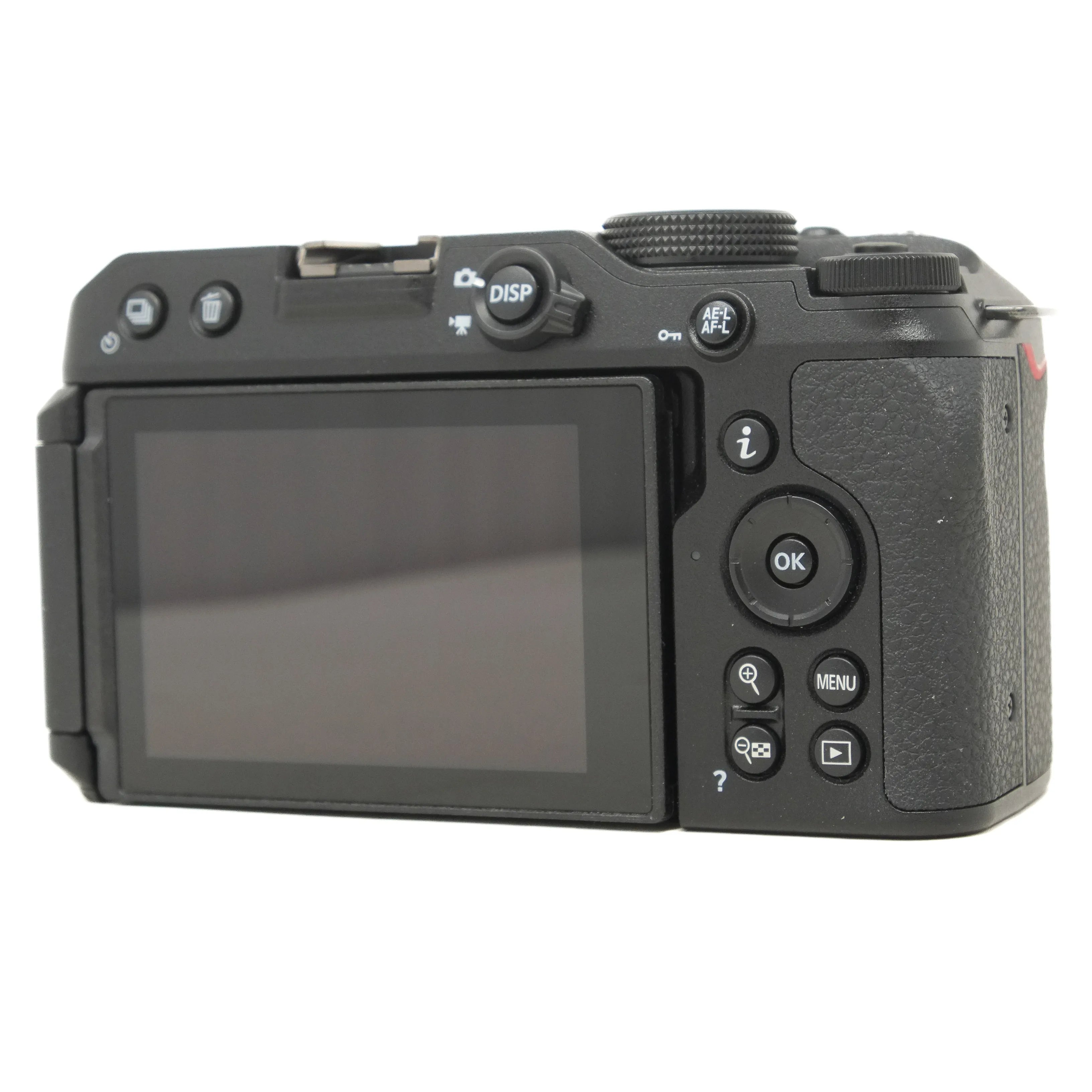 Back view of a black camera with control buttons on a white background
