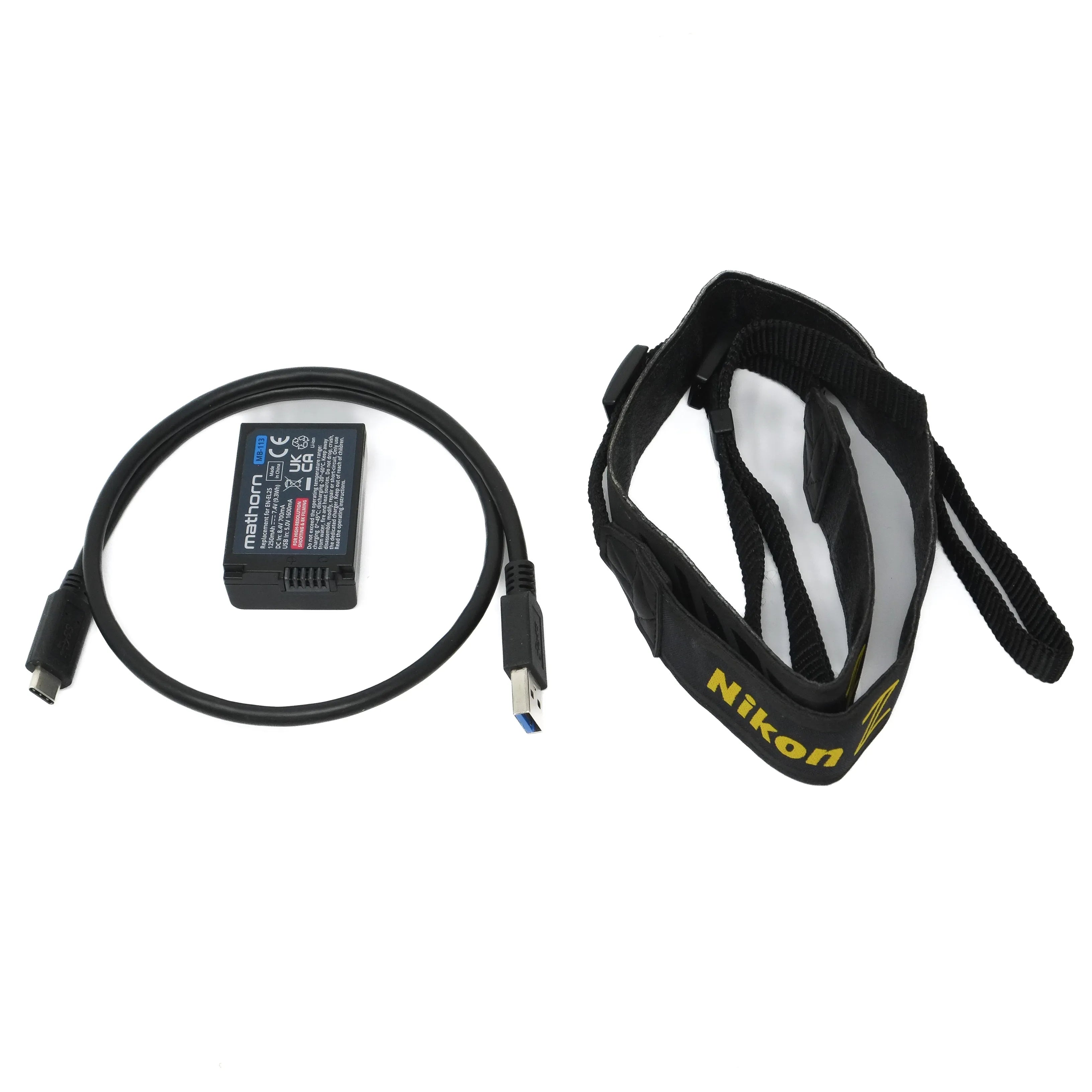 Nikon camera strap and battery on a white background