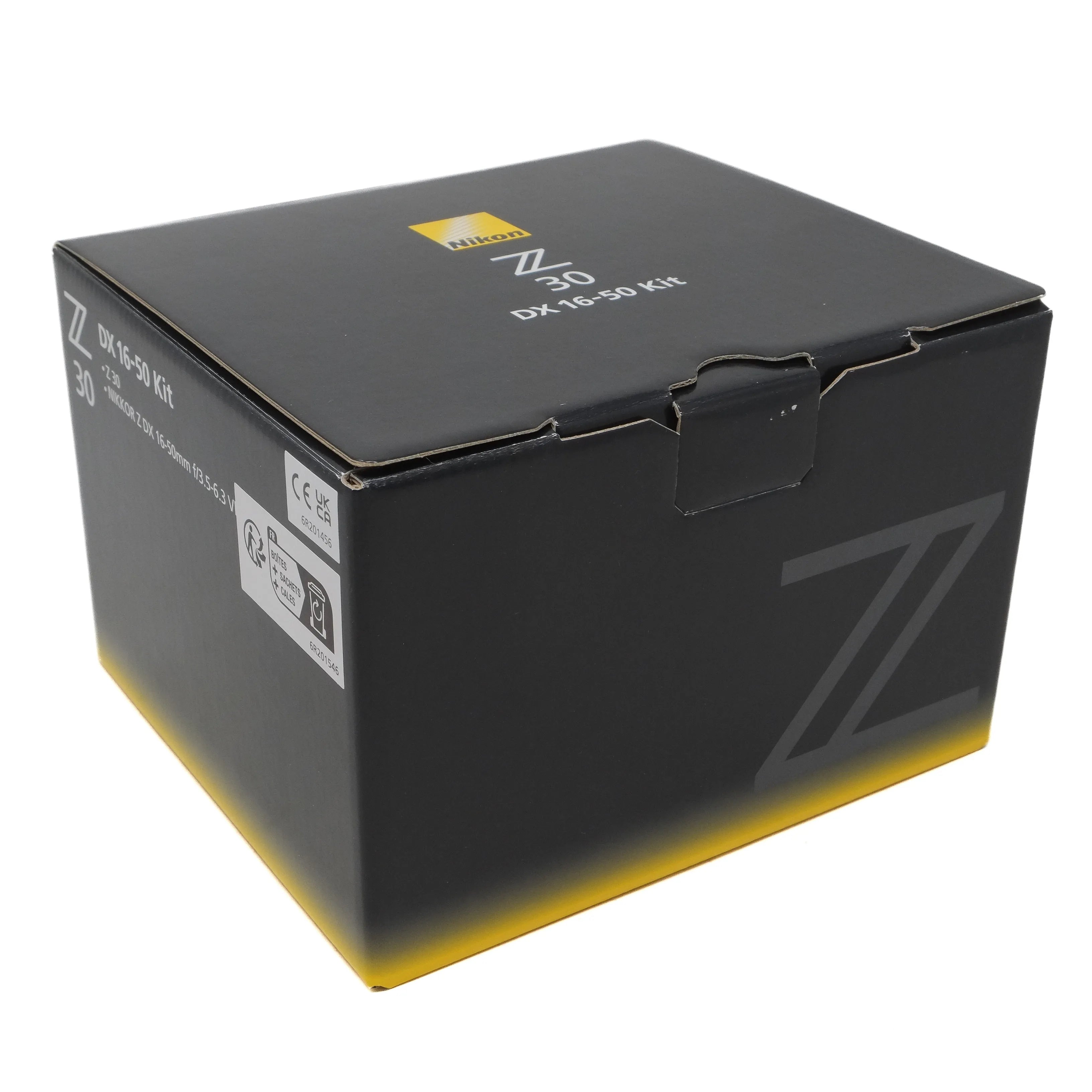 Black camera lens box with 'Z' branding on a white background