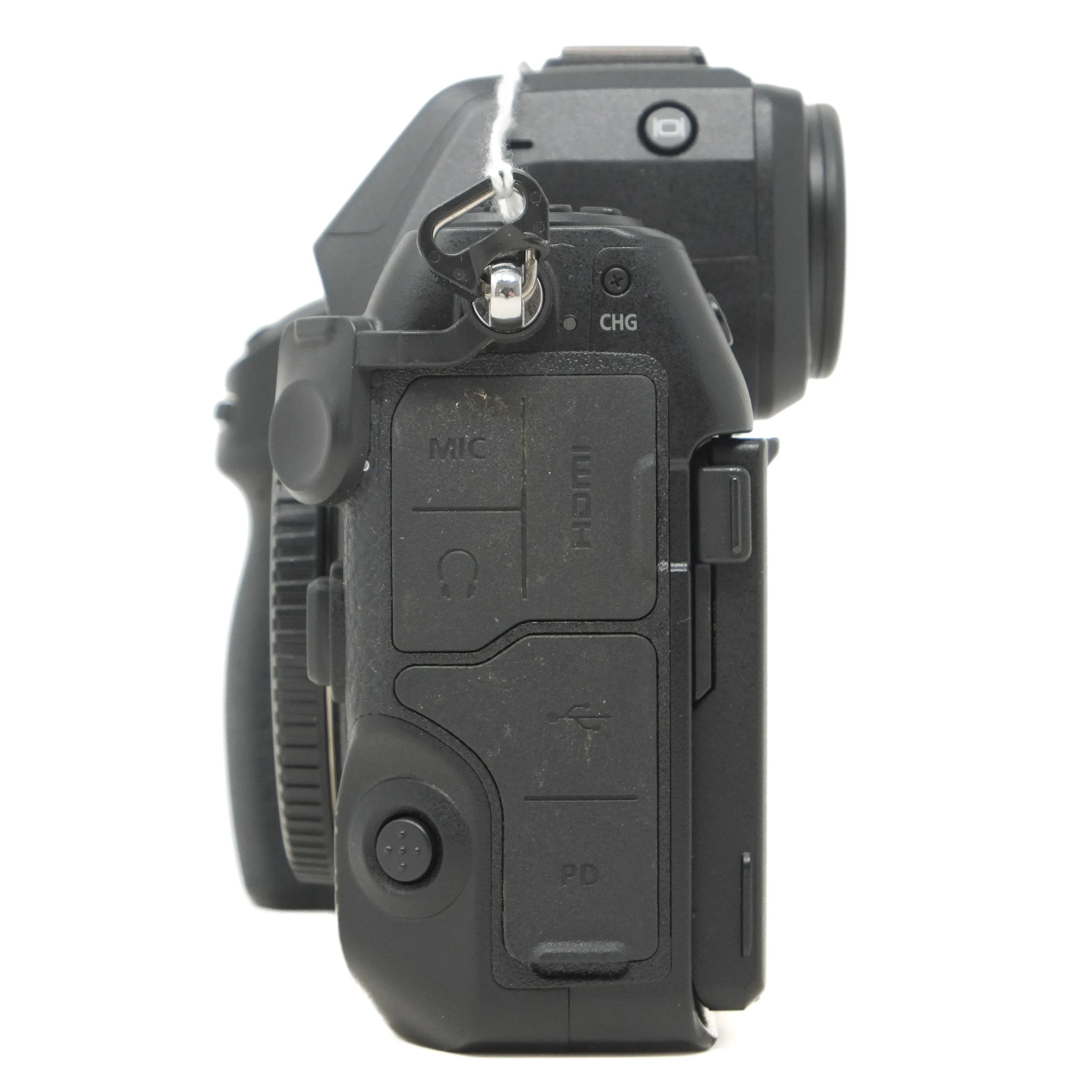 Black camera body with various ports and controls on a white background