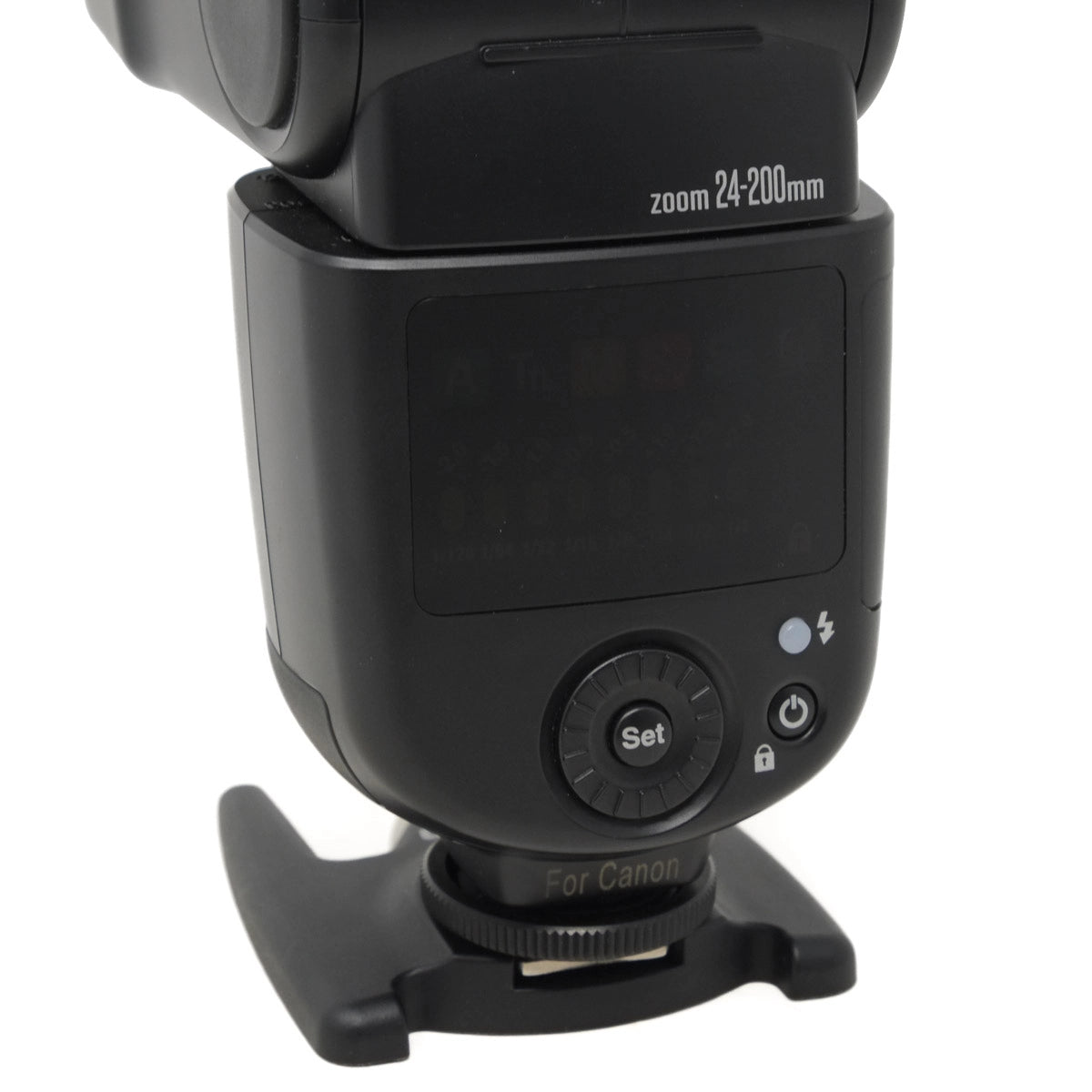 Camera flash with zoom range 24-200mm on a white background