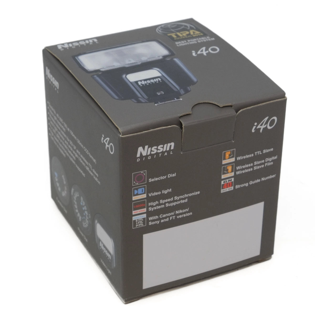 Nissin i40 flash unit packaging on a white background