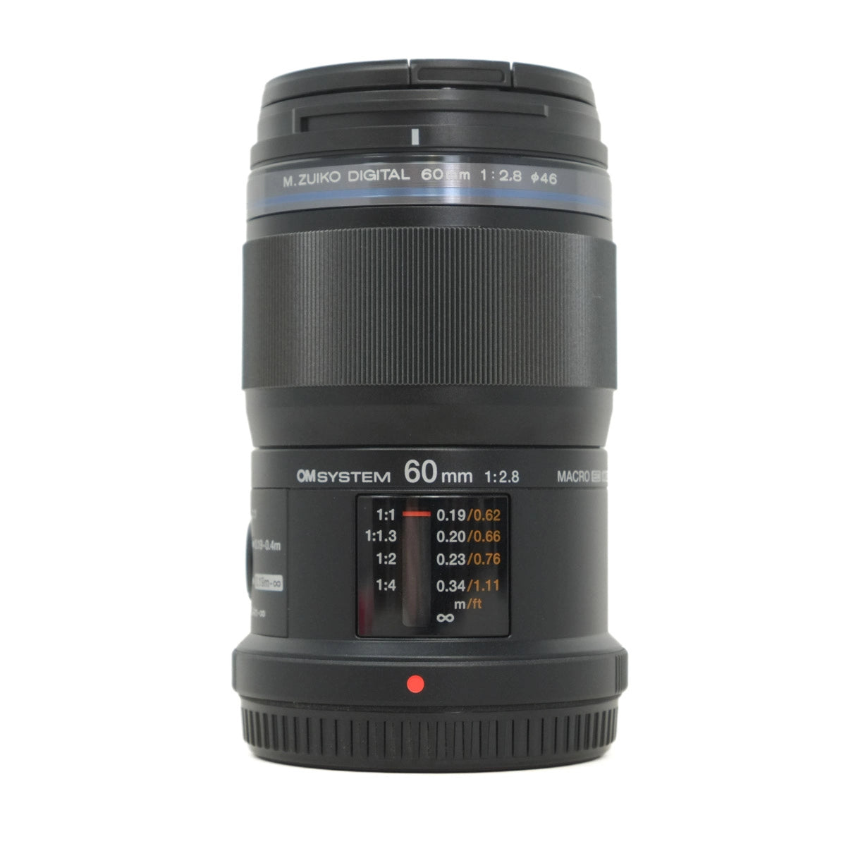 Camera lens with specifications on a white background