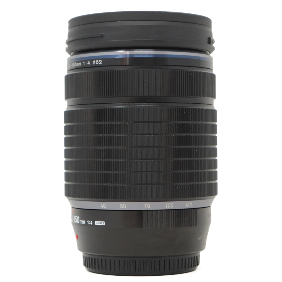 Camera lens with focus and aperture information on a white background
