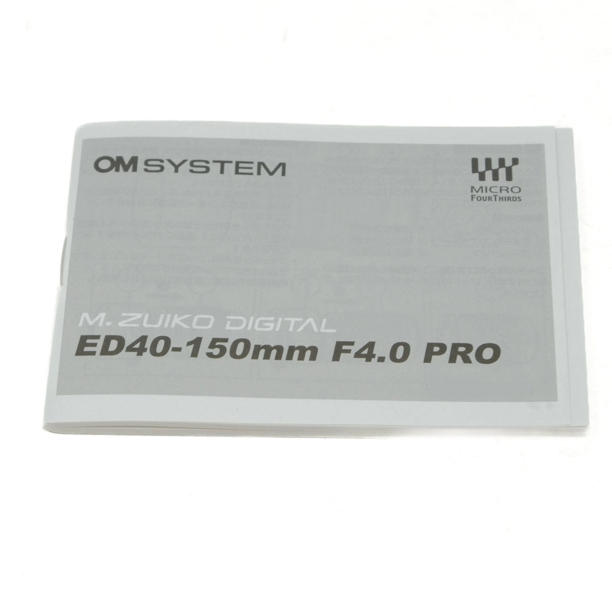 OM System M.Zuiko Digital ED40-150mm F4.0 Pro camera lens manual on a white background