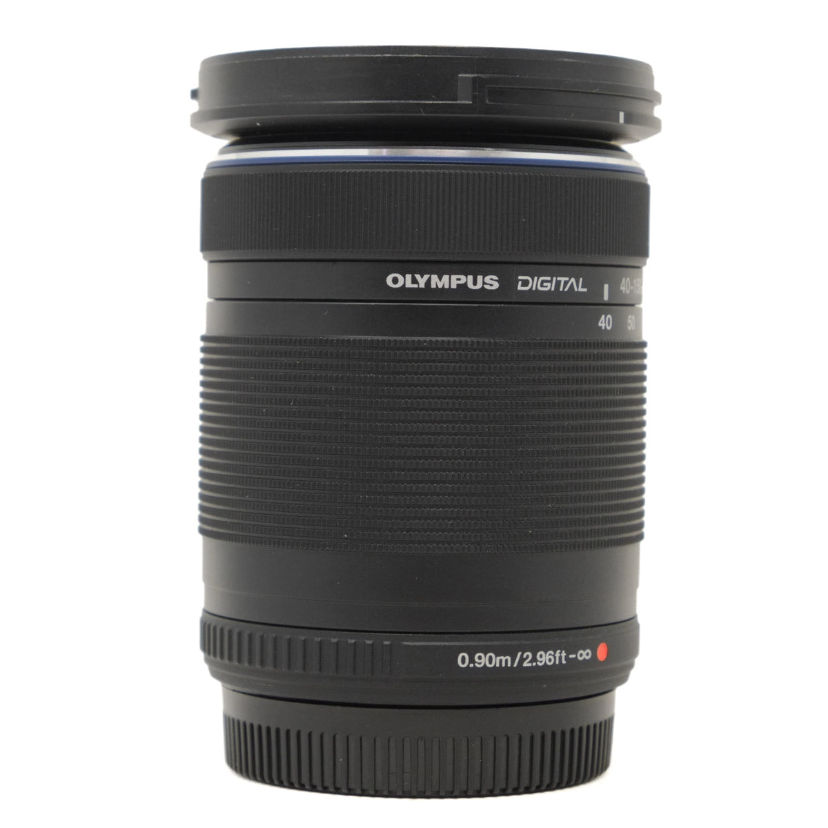 Black Olympus camera lens on a white background