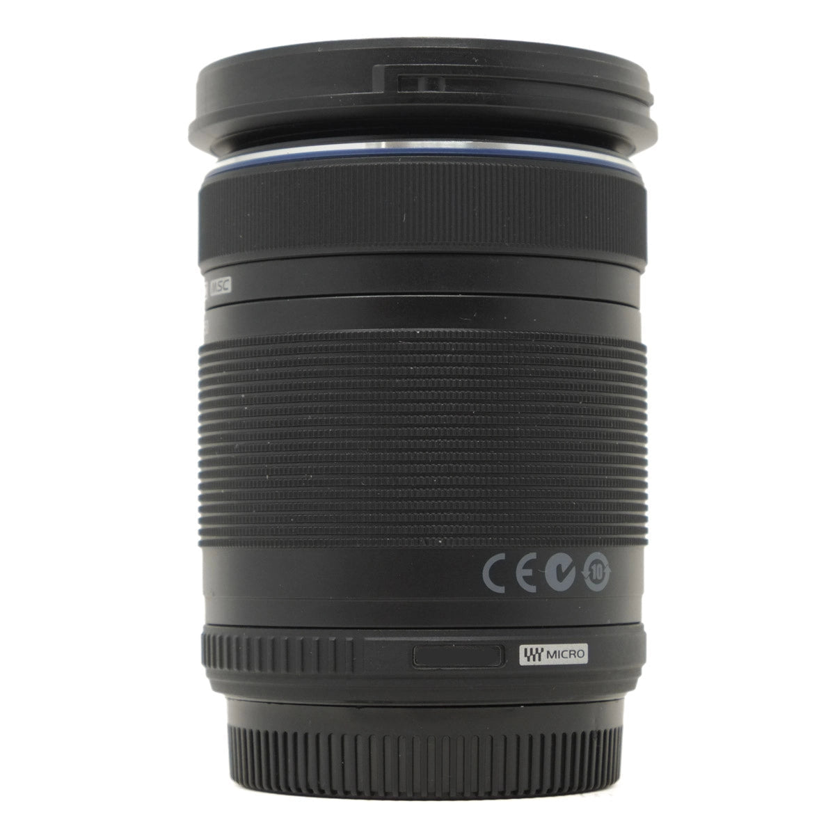 Camera lens with branding and certification logos on a white background