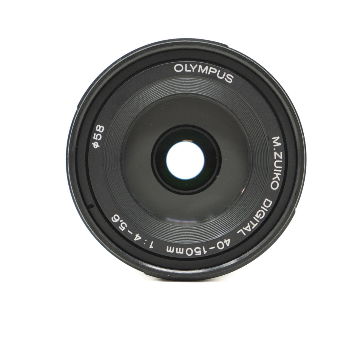 Black camera lens with 'Olympus' branding on a white background