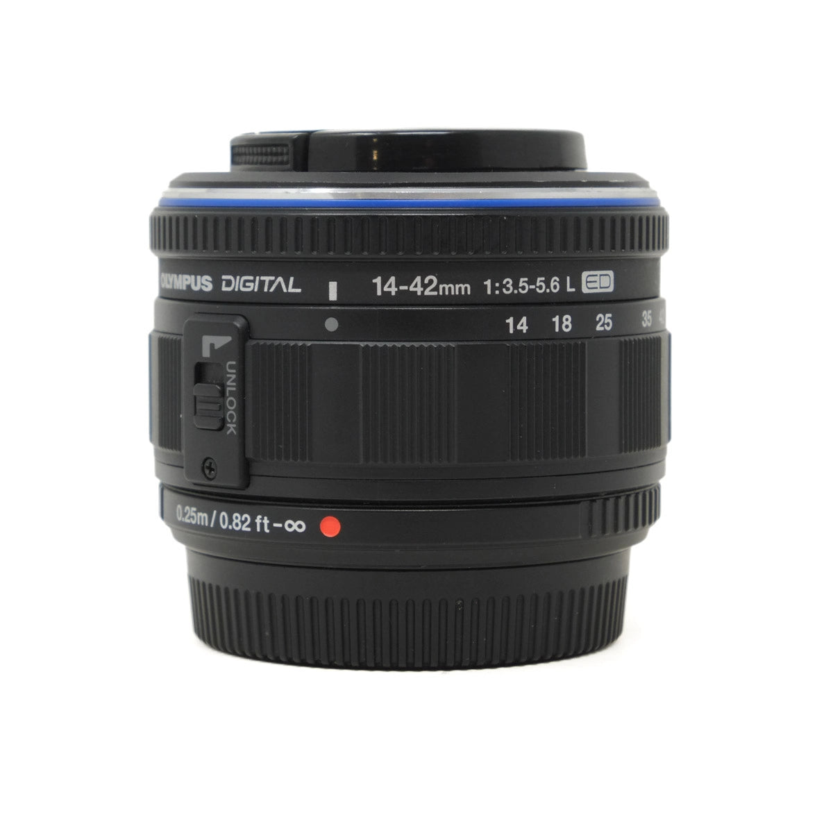 Camera lens with specifications on a white background