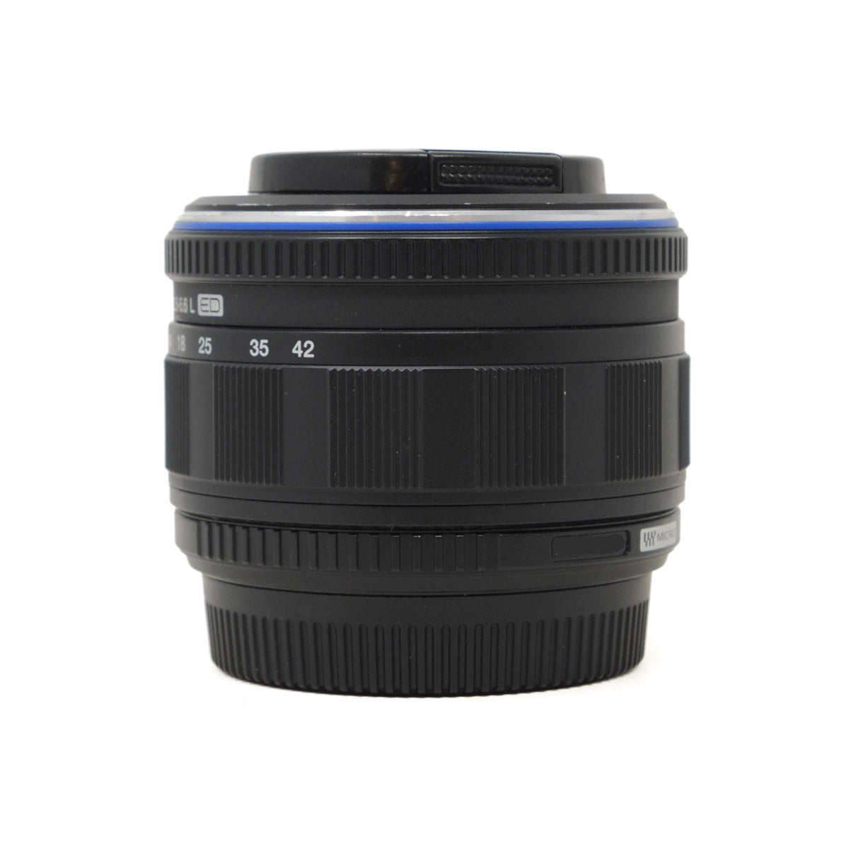 Camera lens with focus scale on a white background