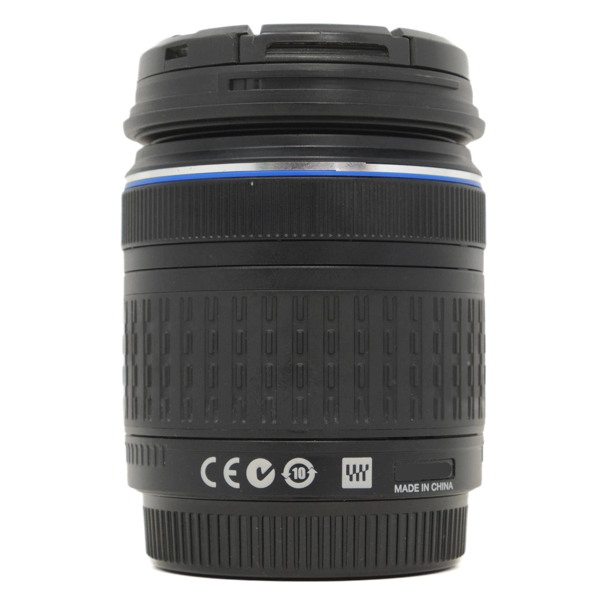 Camera lens with branding and certification logos on a white background