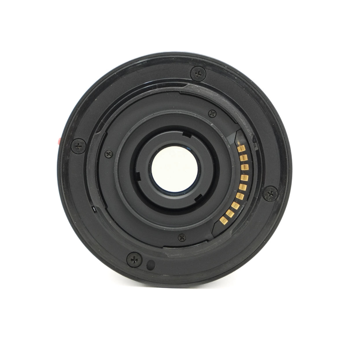 Black camera lens on a white background