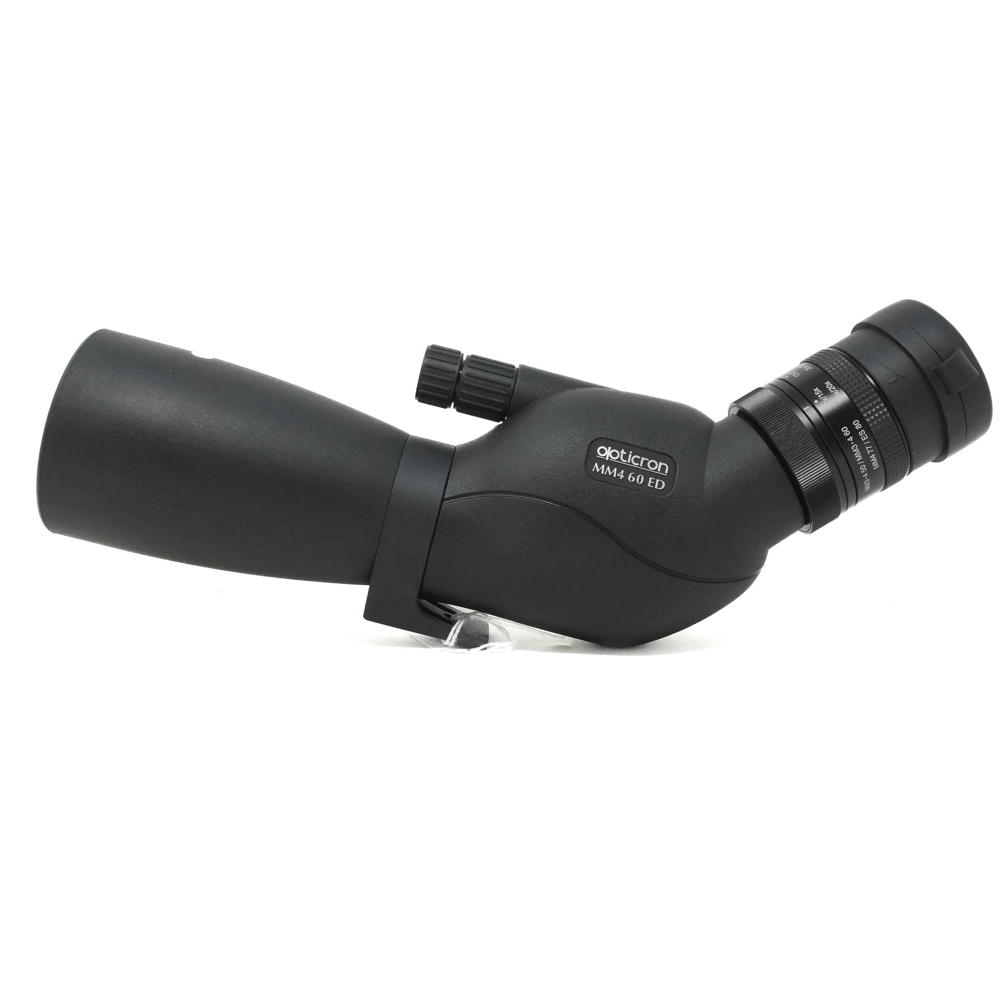 Black spotting scope with 'Opticron' branding on a white background