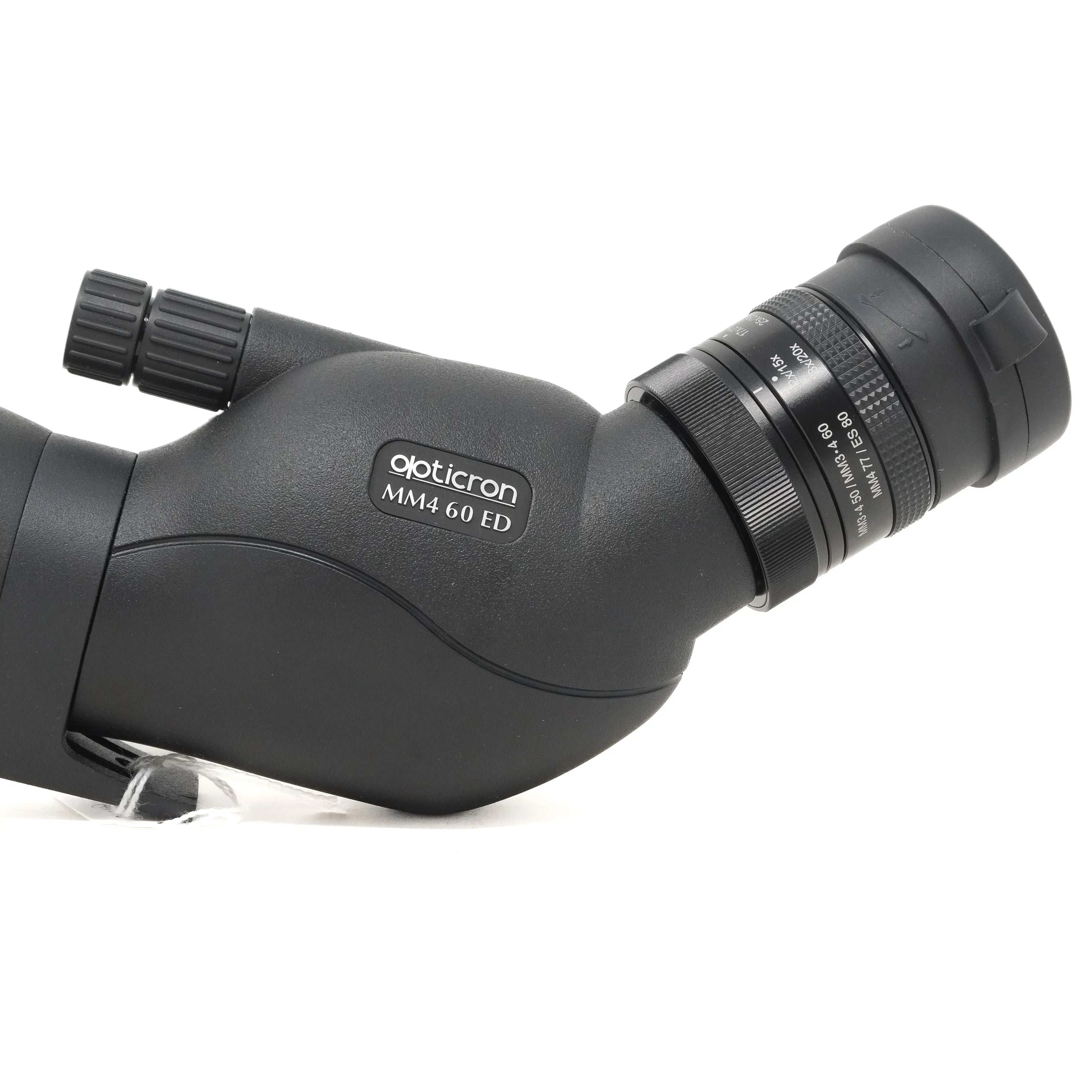 Black spotting scope with Opticron branding on a white background
