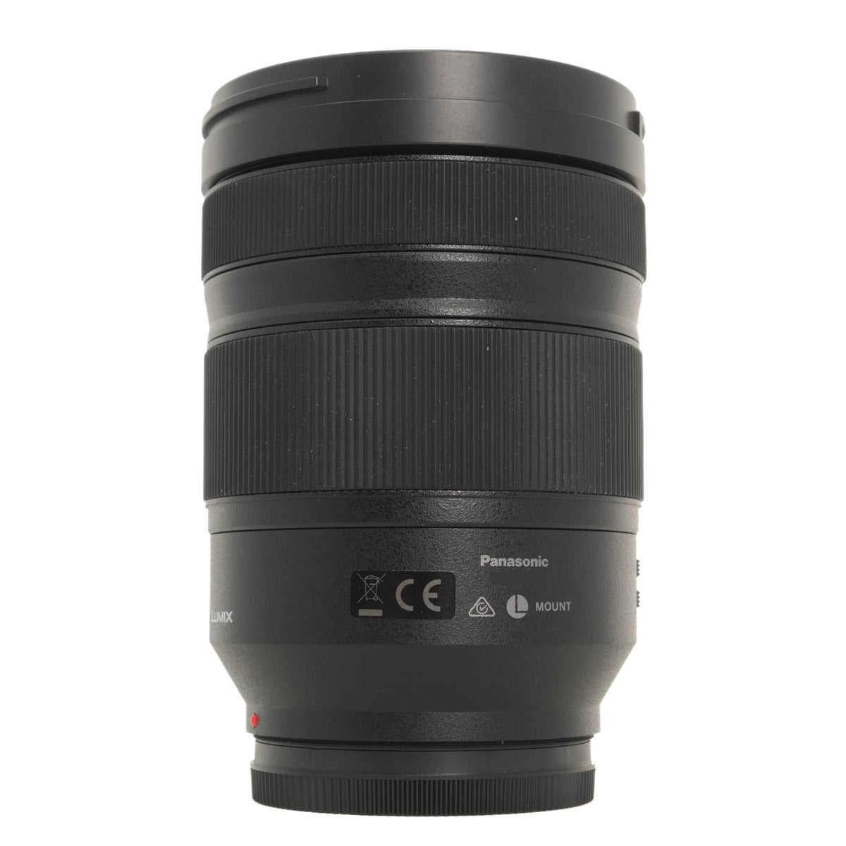 Black camera lens with Panasonic branding on a white background