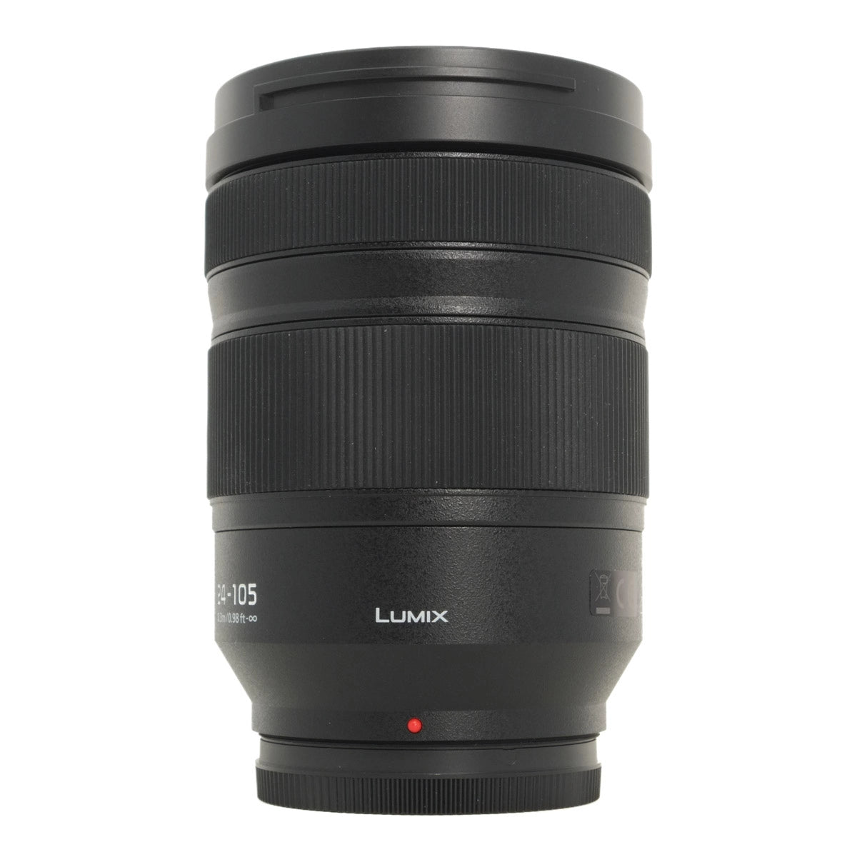Black camera lens with 'LUMIX' branding on a white background