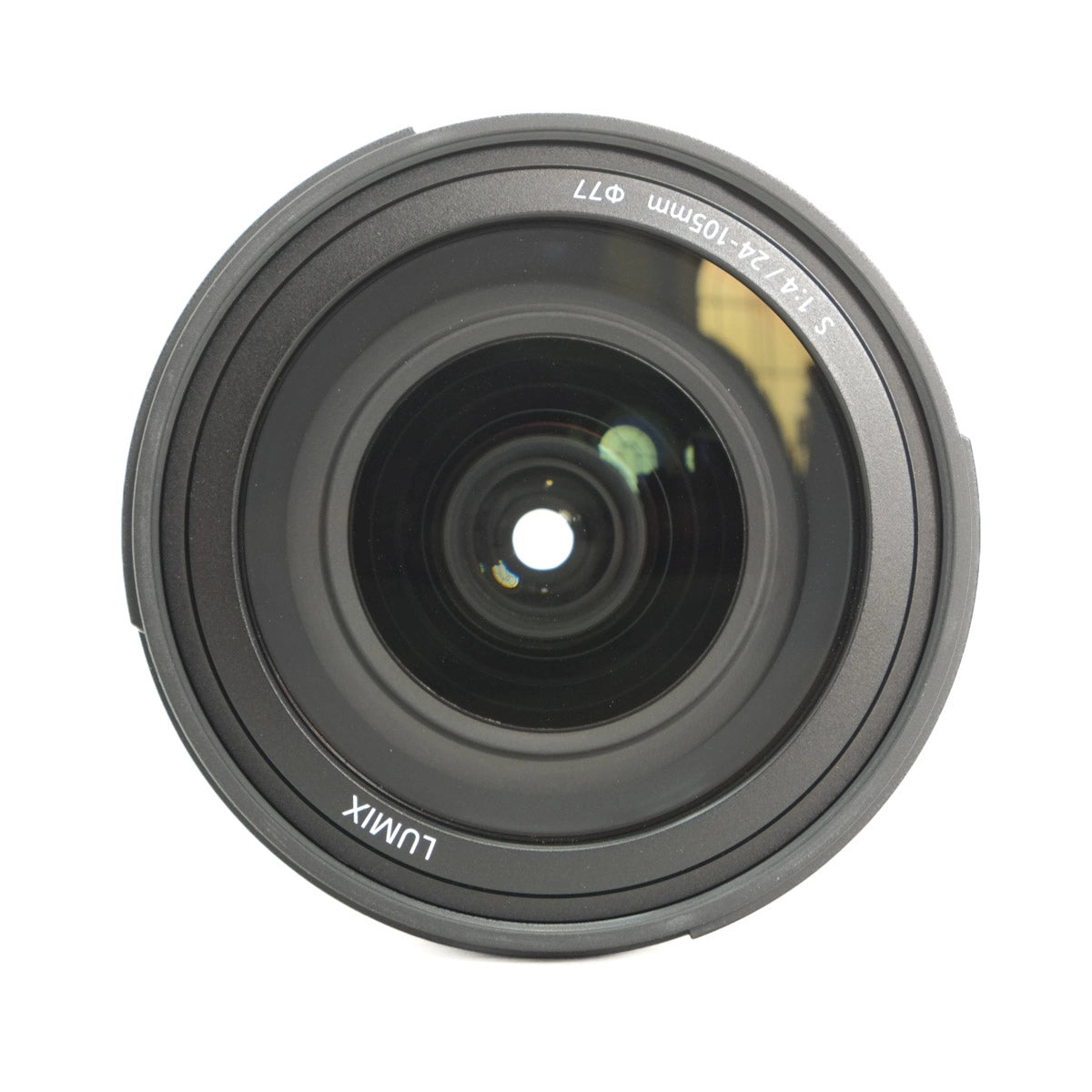 Camera lens with 'LUMIX' branding on a white background