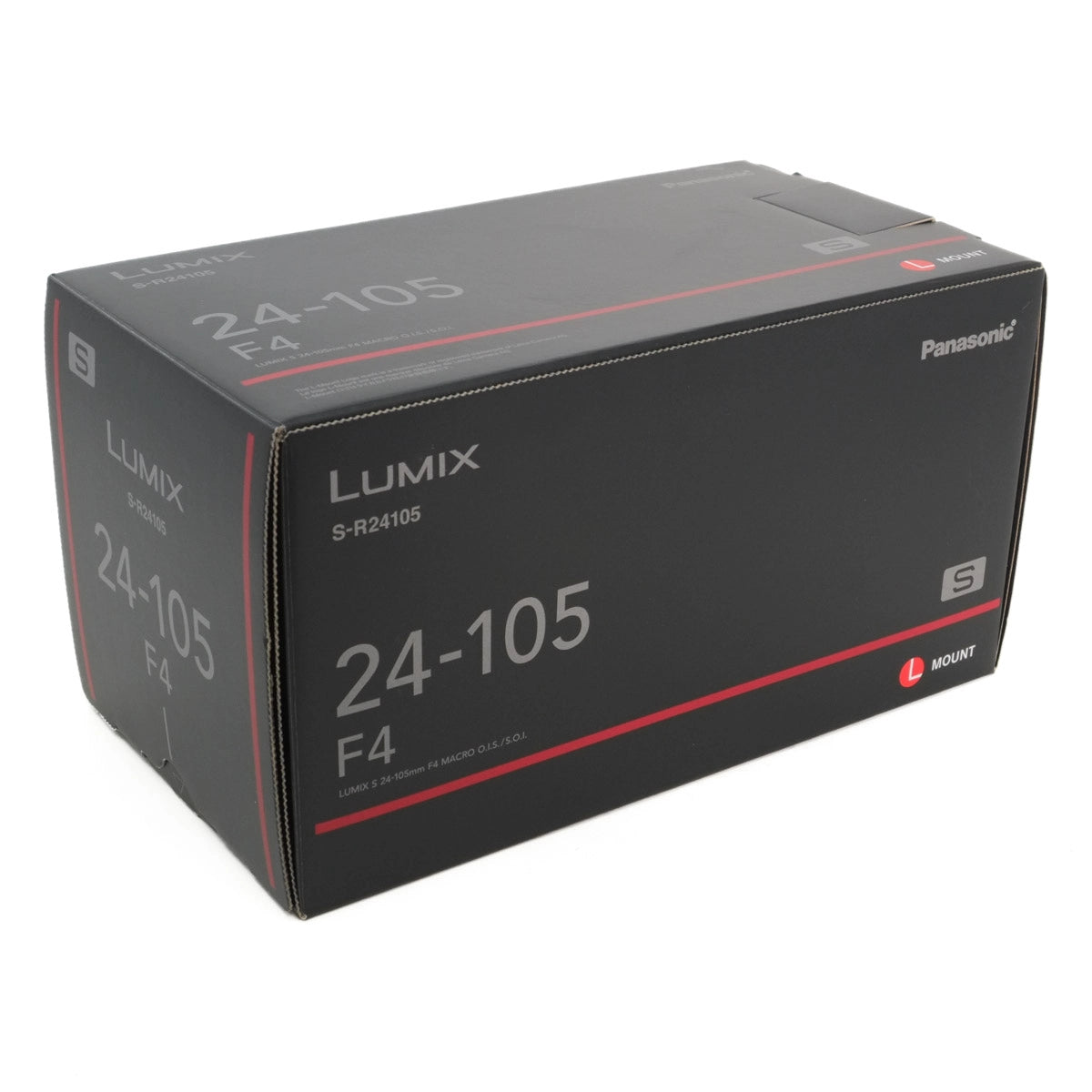 Black box packaging for Panasonic Lumix camera lens on a white background