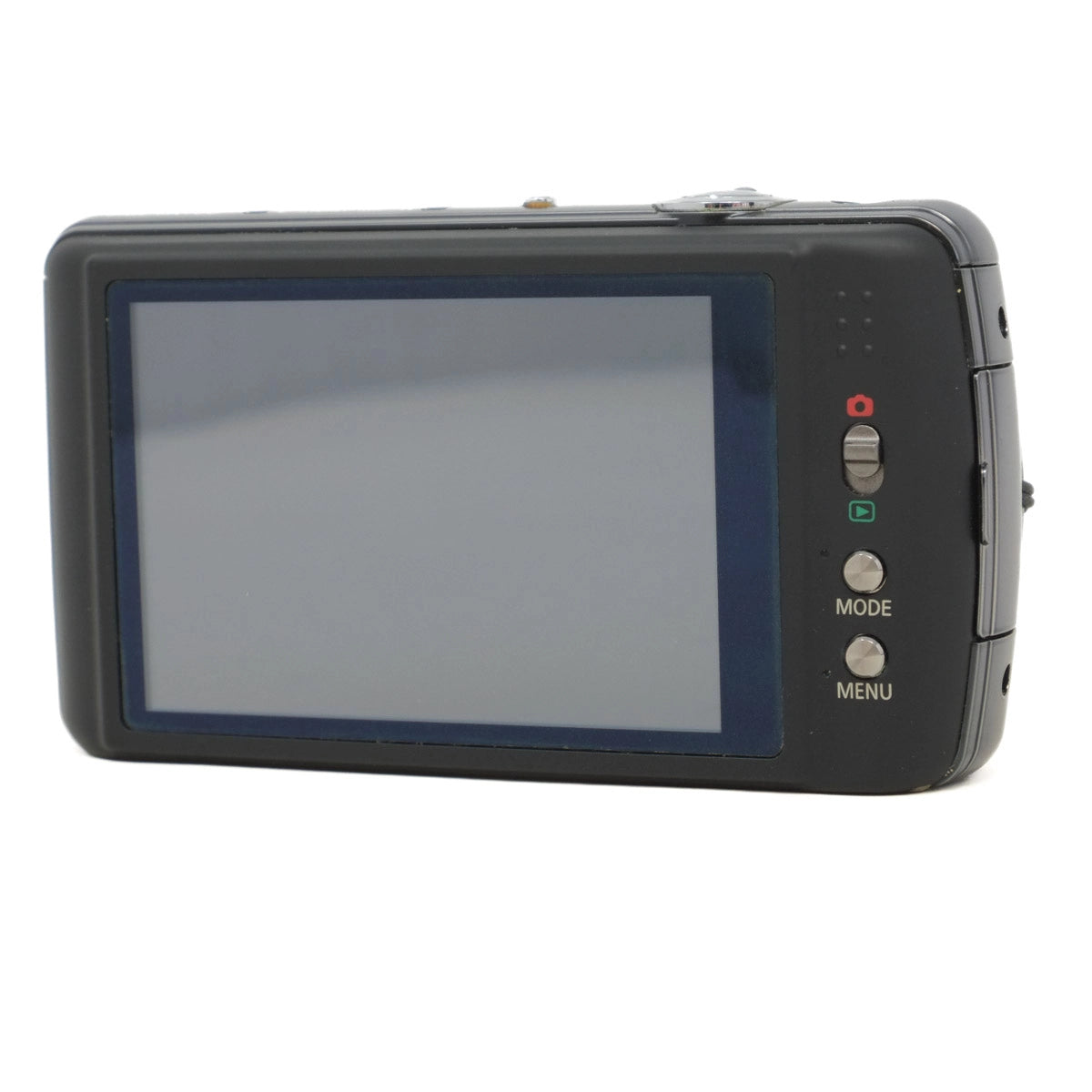 Digital camera with screen and control buttons on a white background