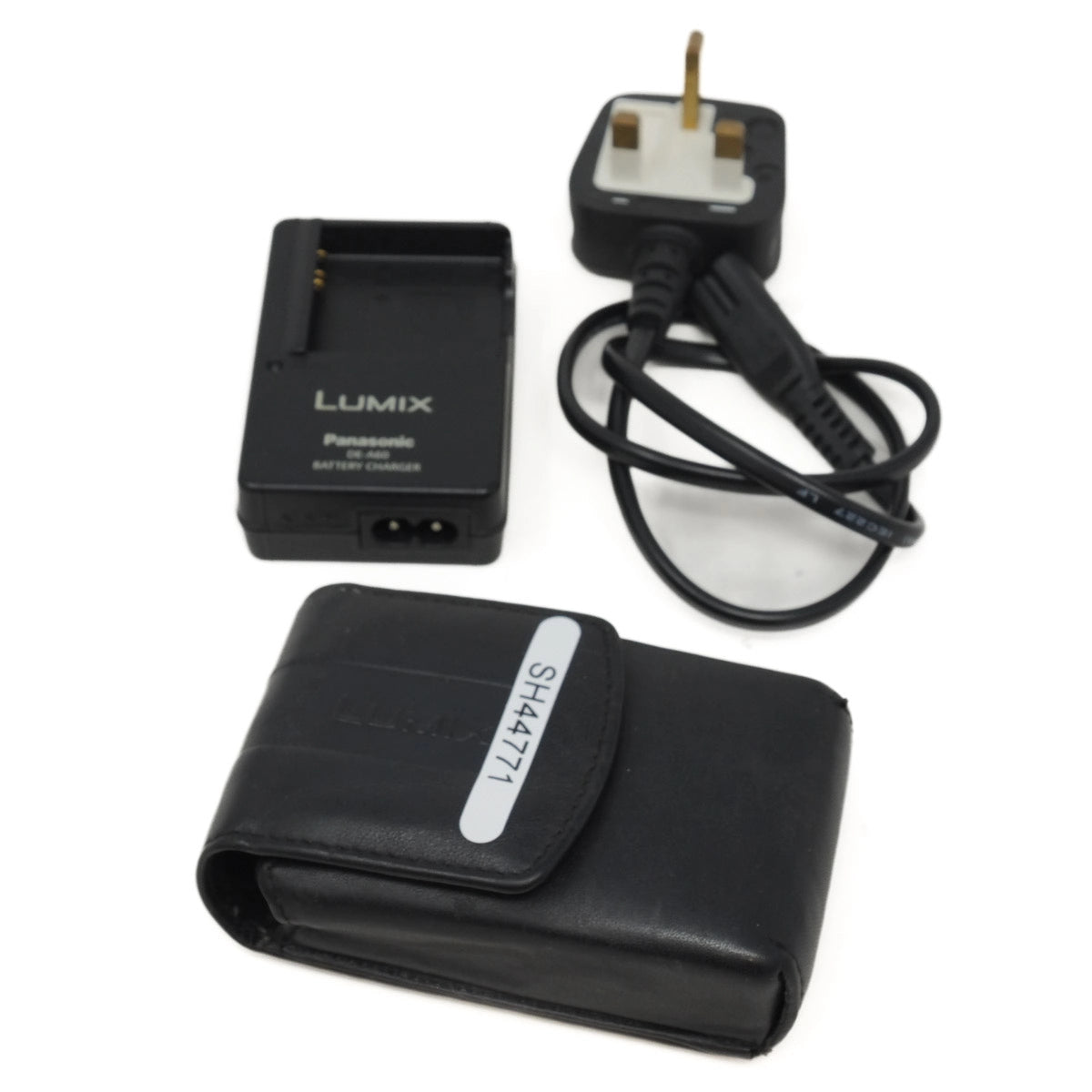Panasonic Lumix battery charger, power adapter and case on a white background