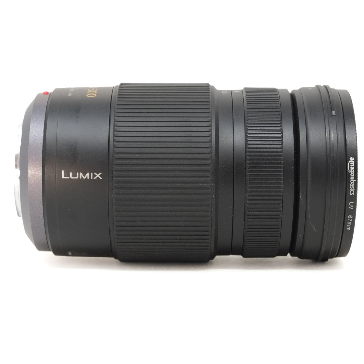 Camera lens with 'LUMIX' branding on a white background