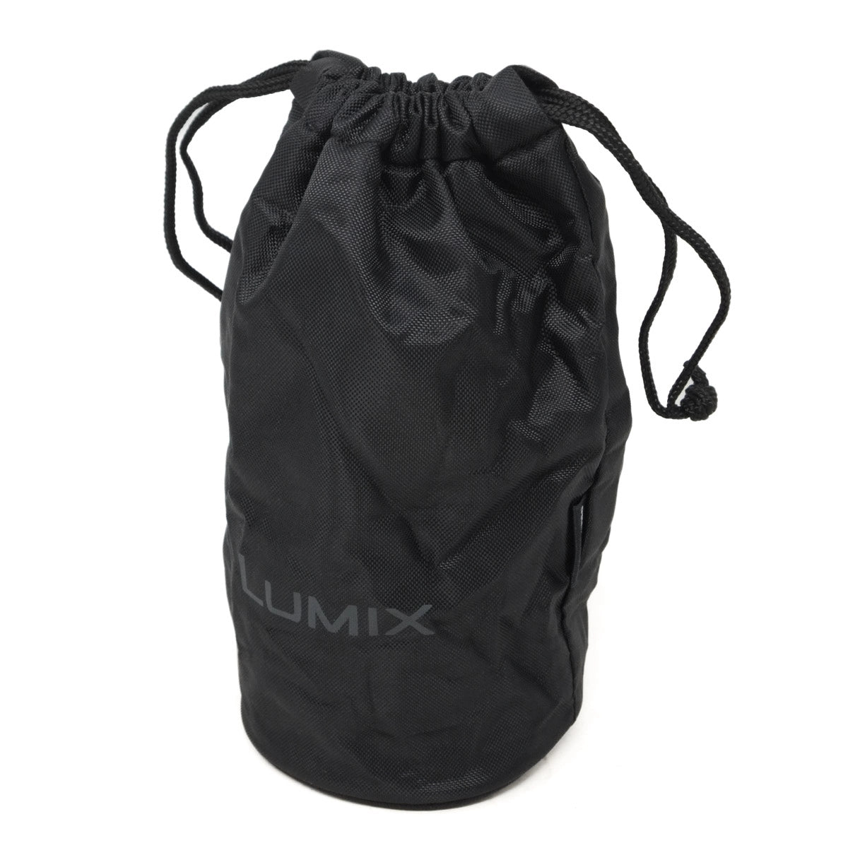 Black drawstring bag with 'Lumix' branding on a white background