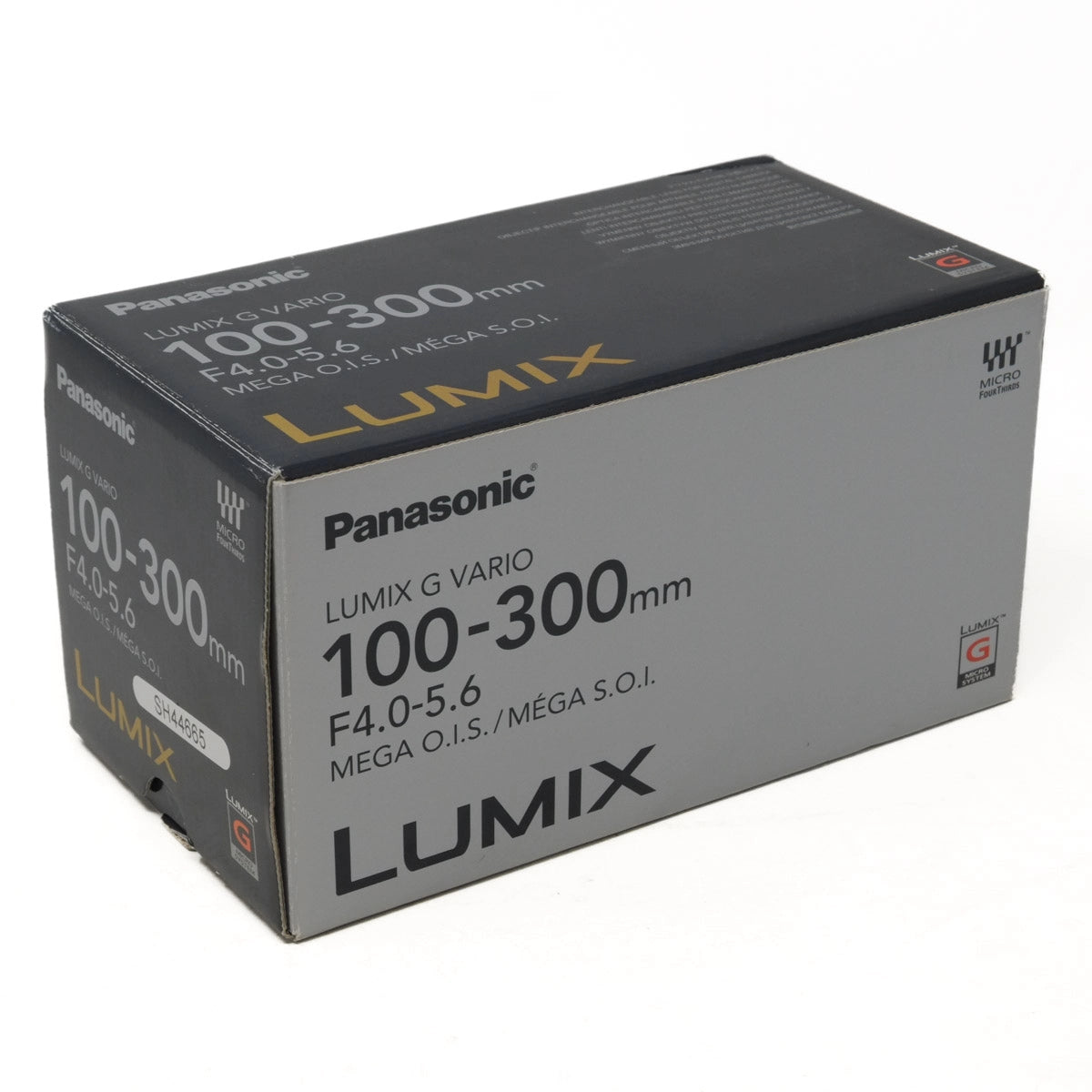 Panasonic Lumix camera lens box on a white background