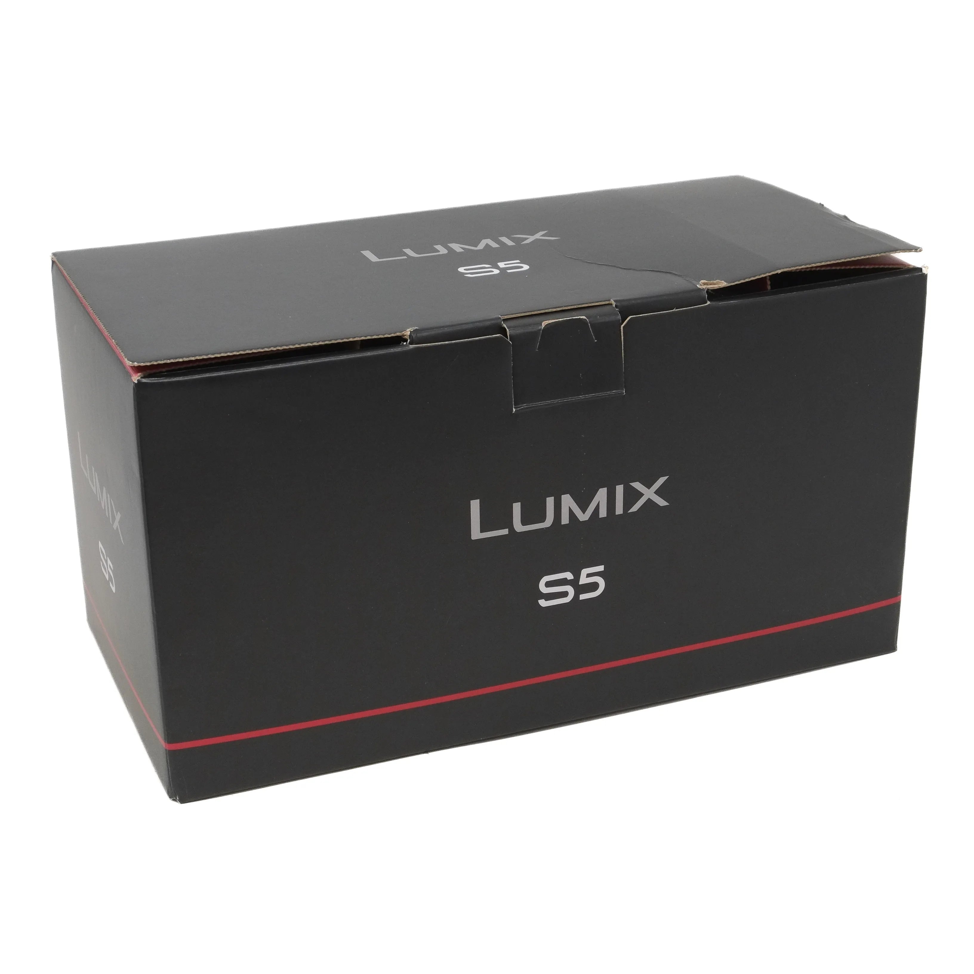 Black box with 'LUMIX S5' branding on a white background