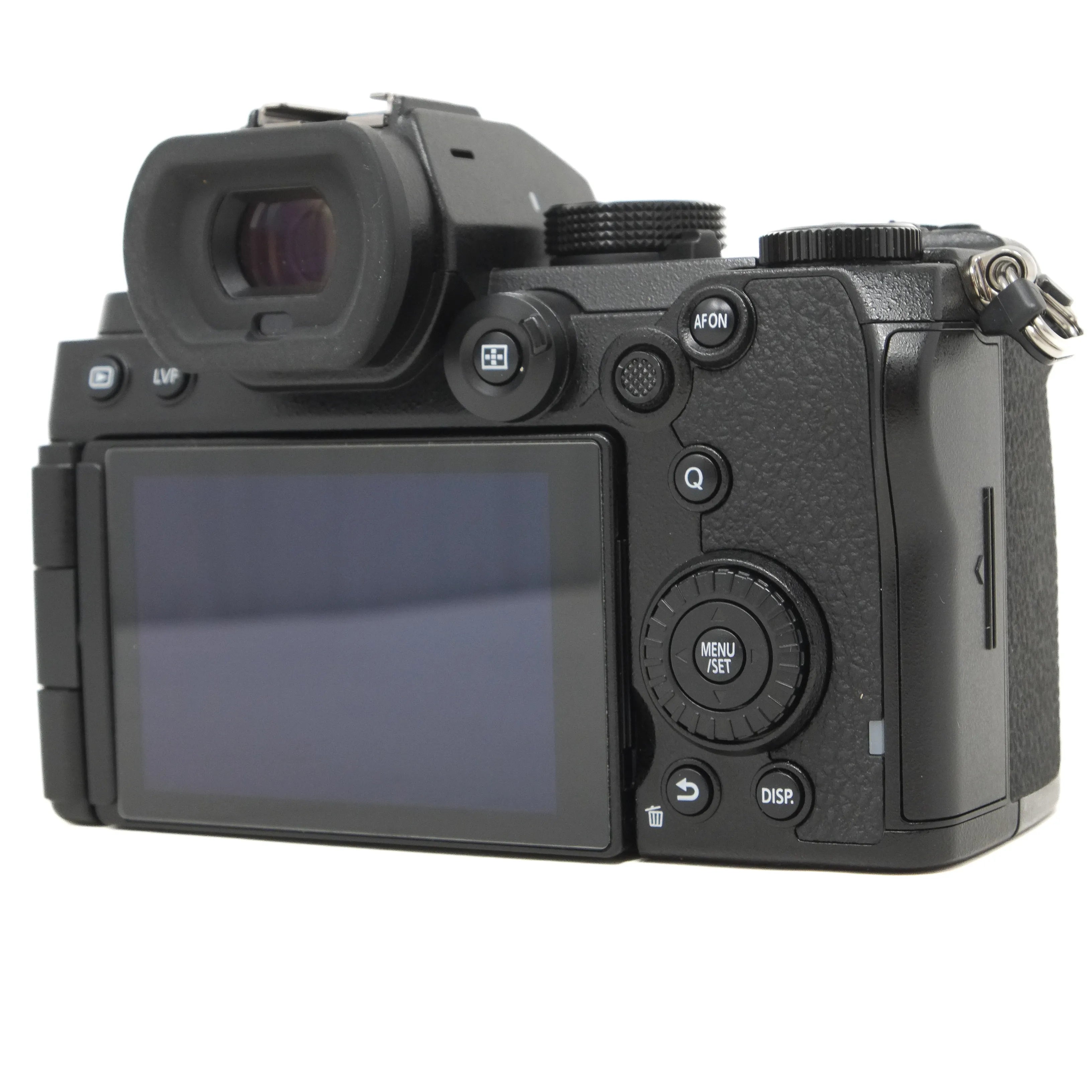 Black camera body with screen and control buttons on a white background