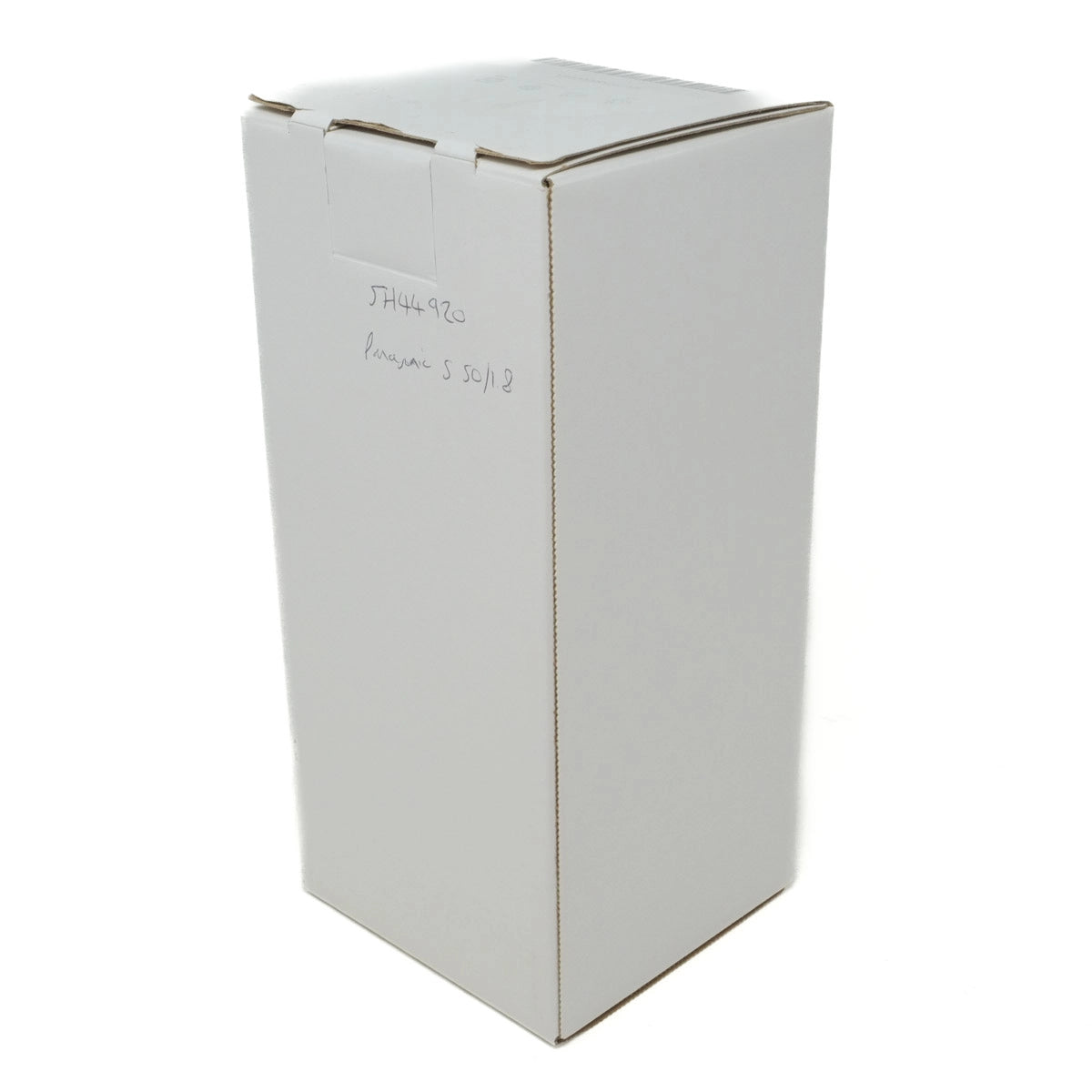 White cardboard box with text on a white background
