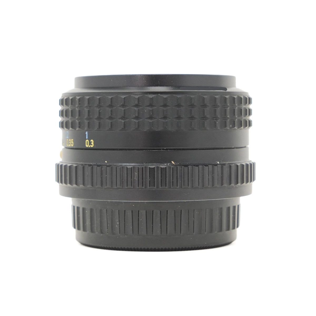 Black camera lens on a white background