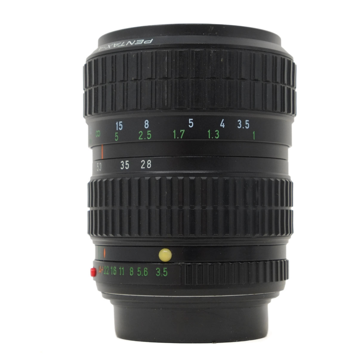 Camera lens with focus and aperture controls on a white background