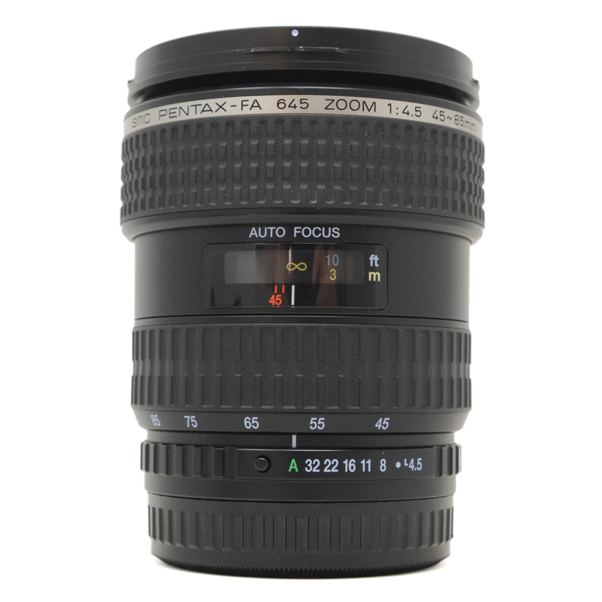 Used Pentax-FA 645 45-85mm F4.5 zoom lens AF For Pentax 645 AF cameras - front angle 