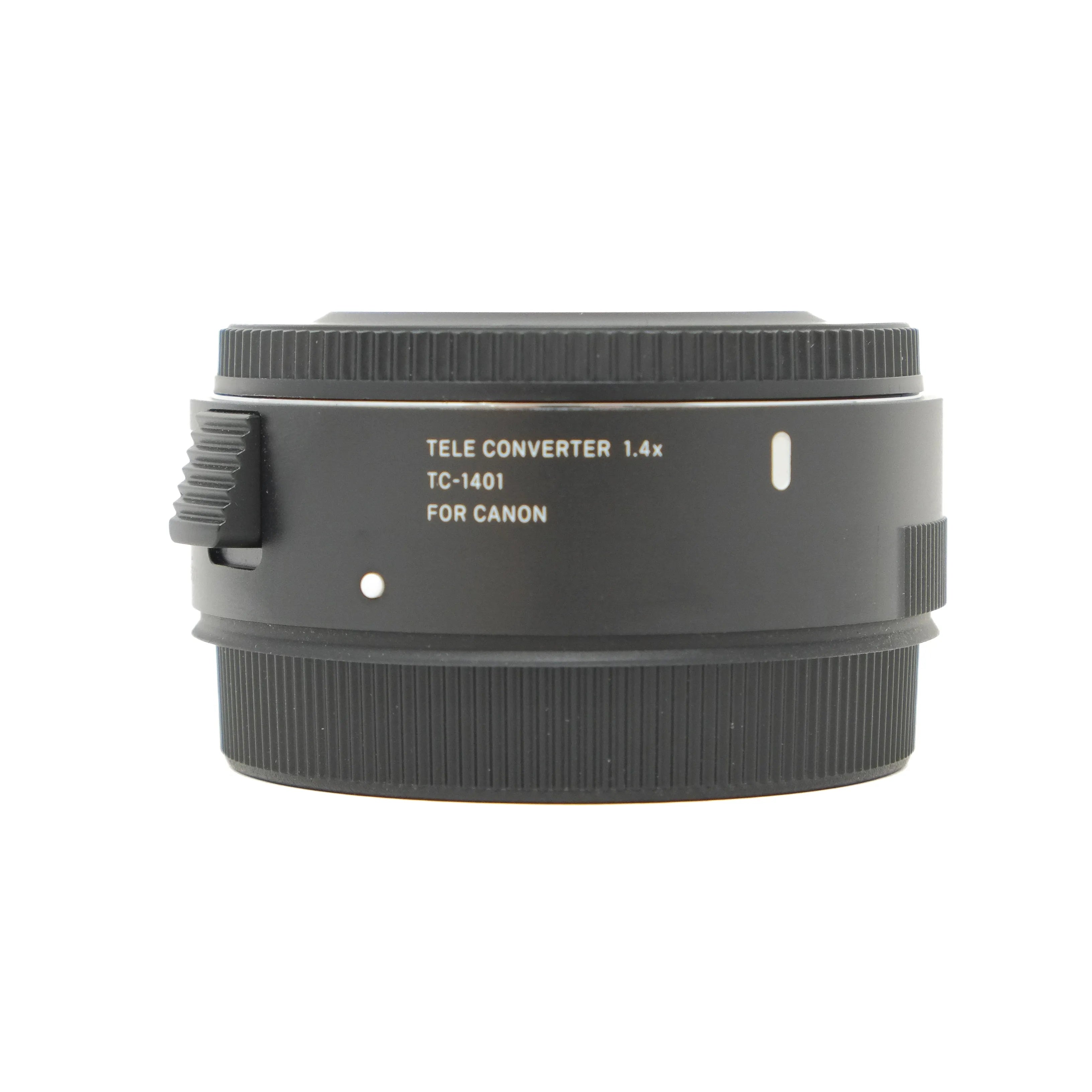 Black camera teleconverter lens on a white background