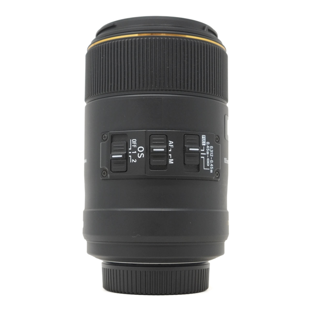 Camera lens with control buttons on a white background