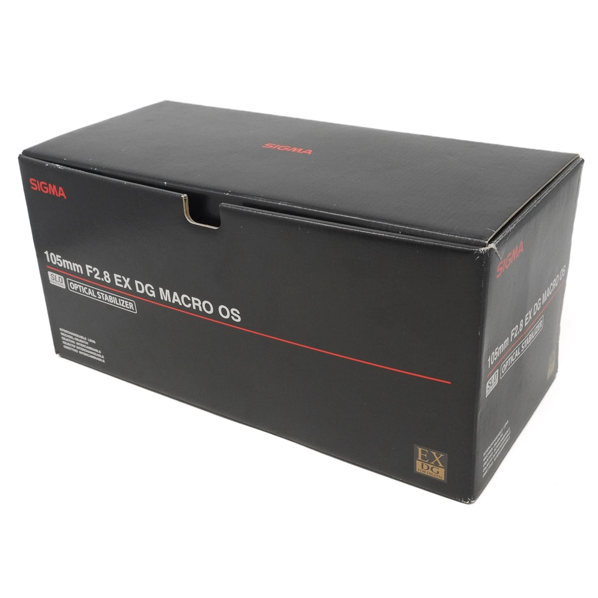 Black box with Sigma camera lens branding on a white background