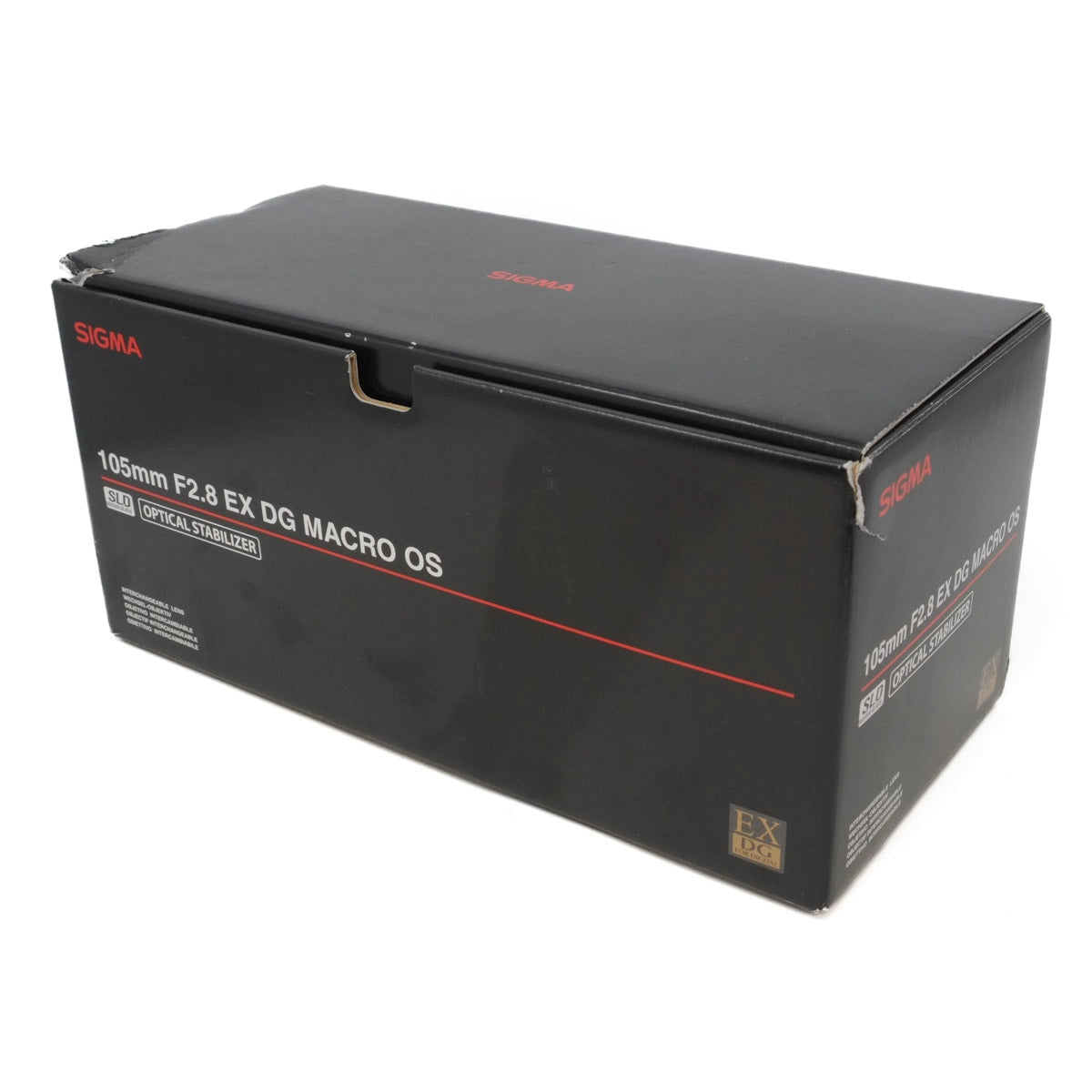 Black camera lens box with Sigma branding on a white background